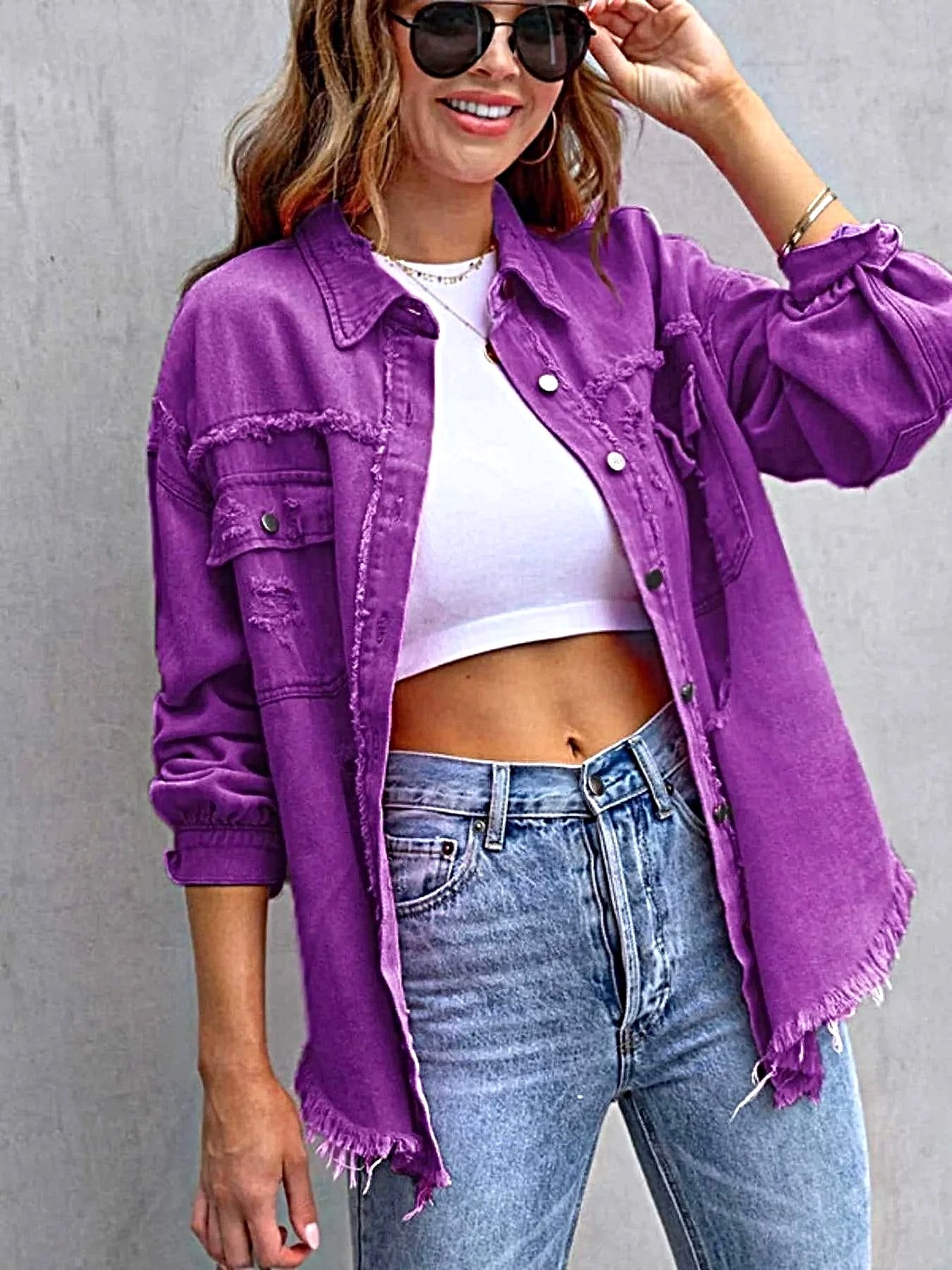 Distressed Drop Shoulder Denim Jacket -