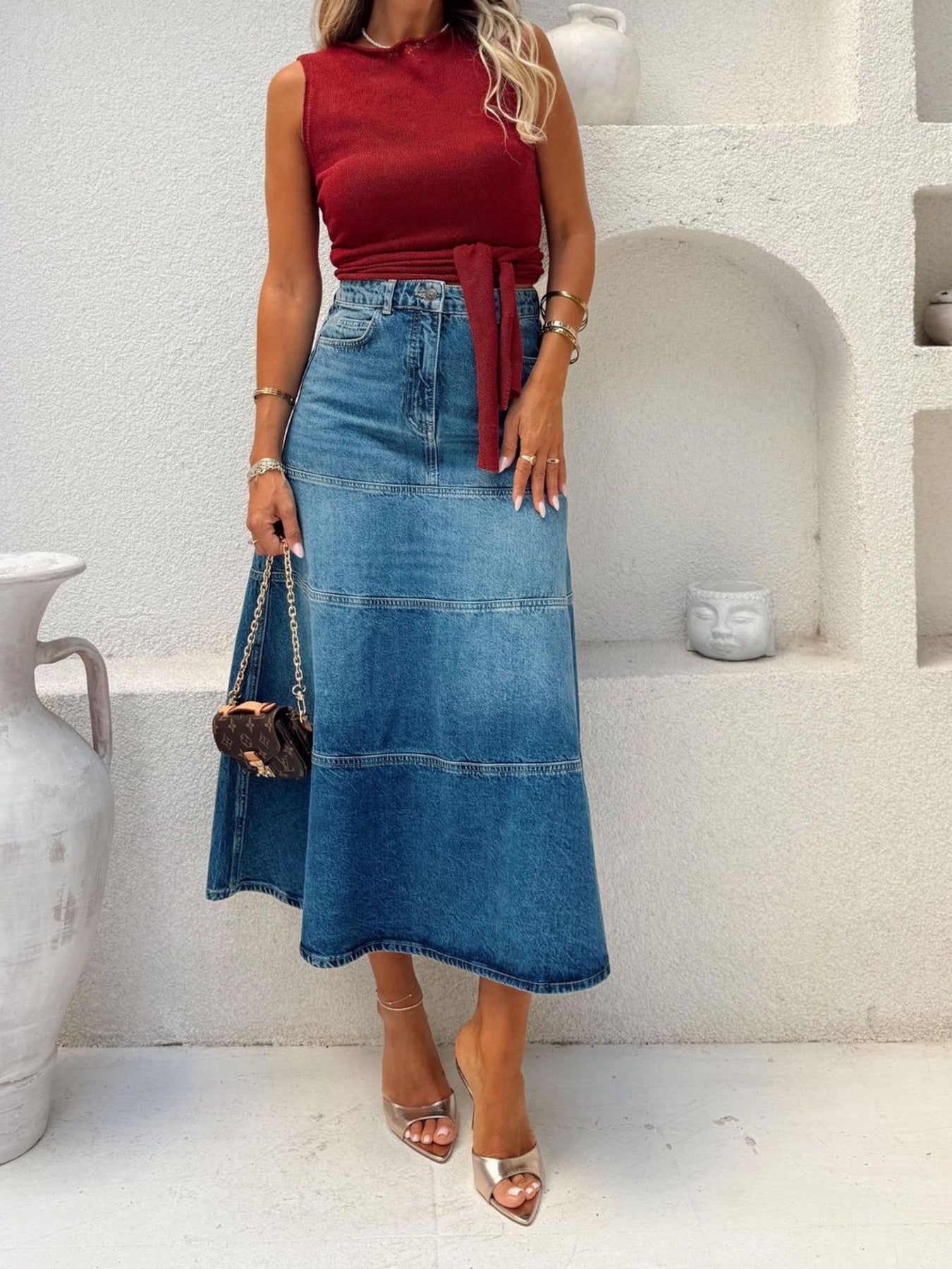 Luxury High-Waisted Denim Skirt with Belted Detail, Non-Stretch 95% Rayon Blend, Elegant Fit -