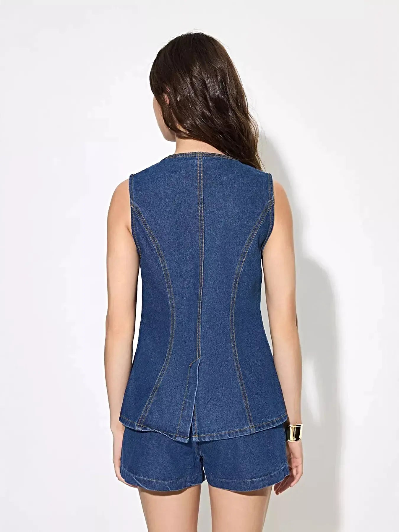 Button Up Sleeveless Denim Top -