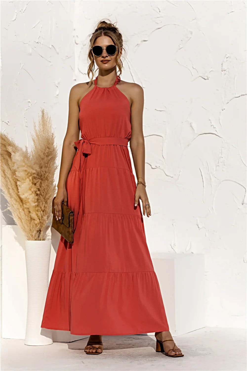 Halter Neck Tie Waist Tiered Maxi Dress -