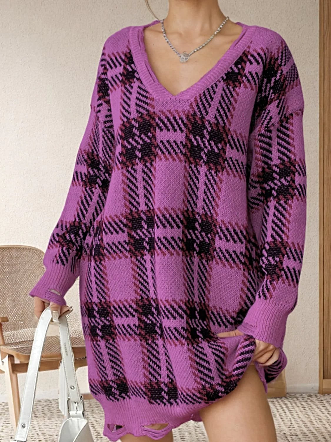 Distressed Plaid Sweater Dress with V-Neck and Long Sleeves - Trendy Comfort in One Size Trendsi