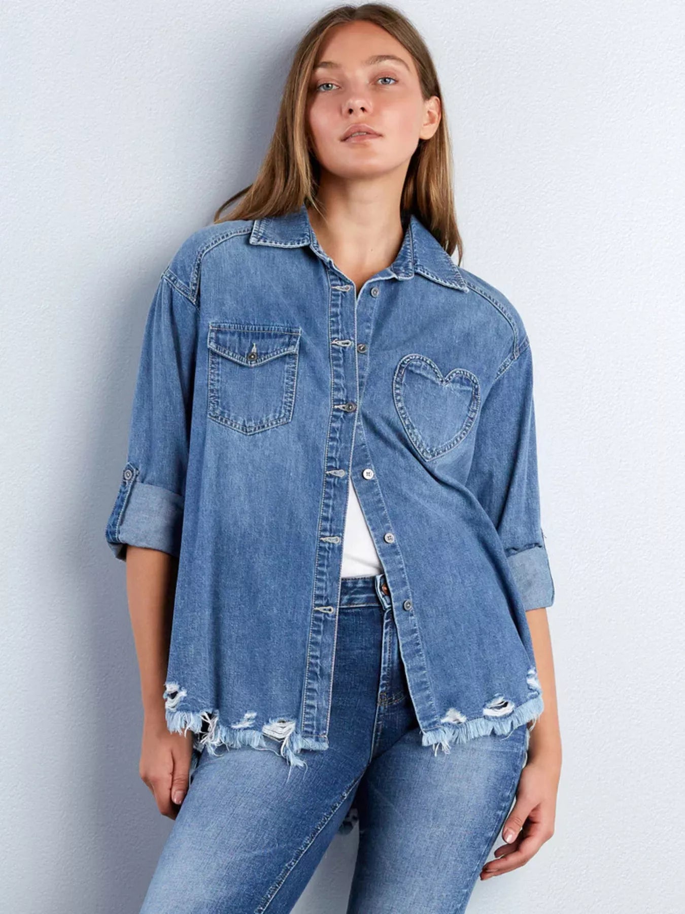 Frayed Hem Roll-Up Sleeve Denim Shirt -