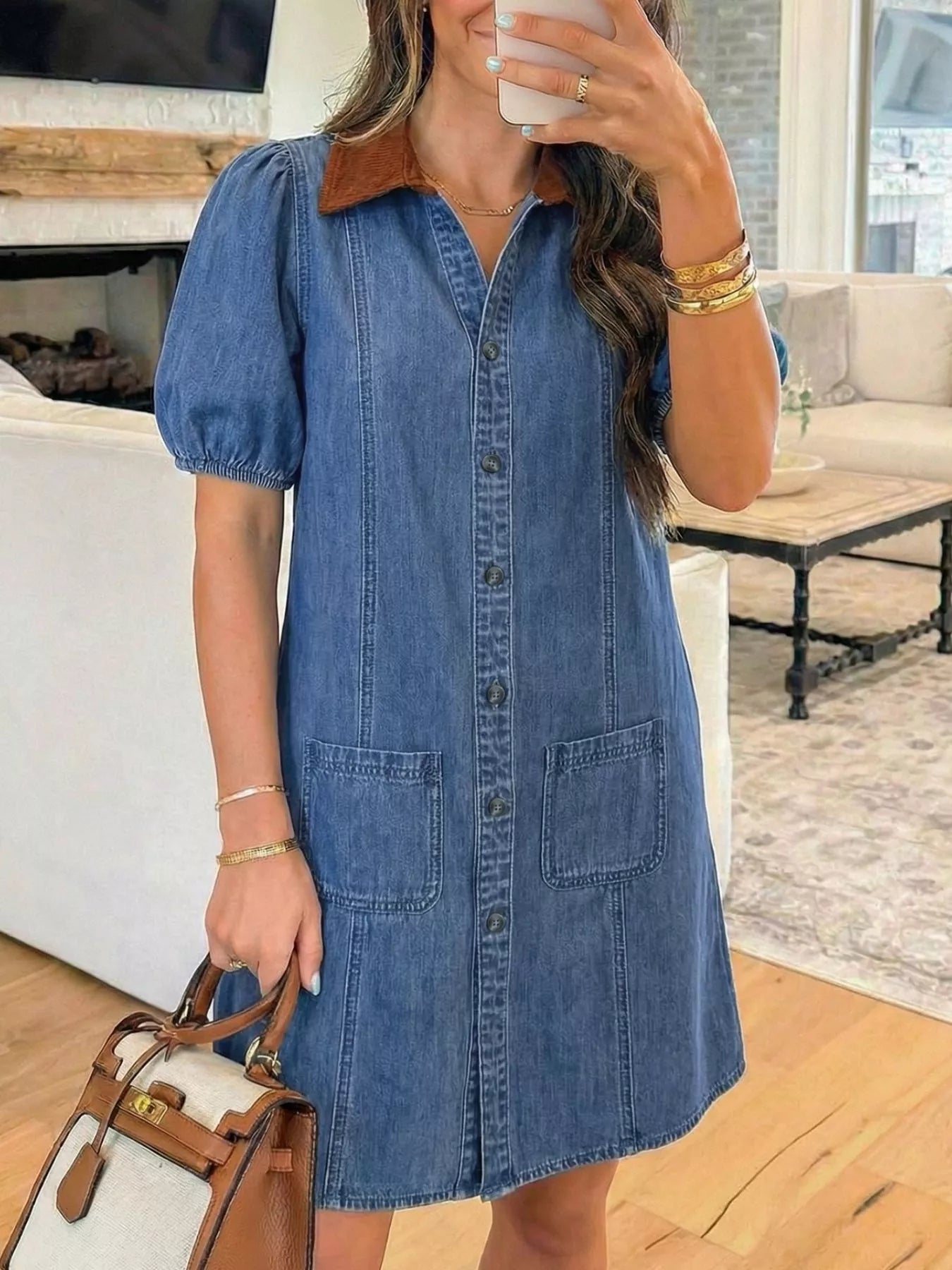 Button-Down Short Sleeve Denim Dress -