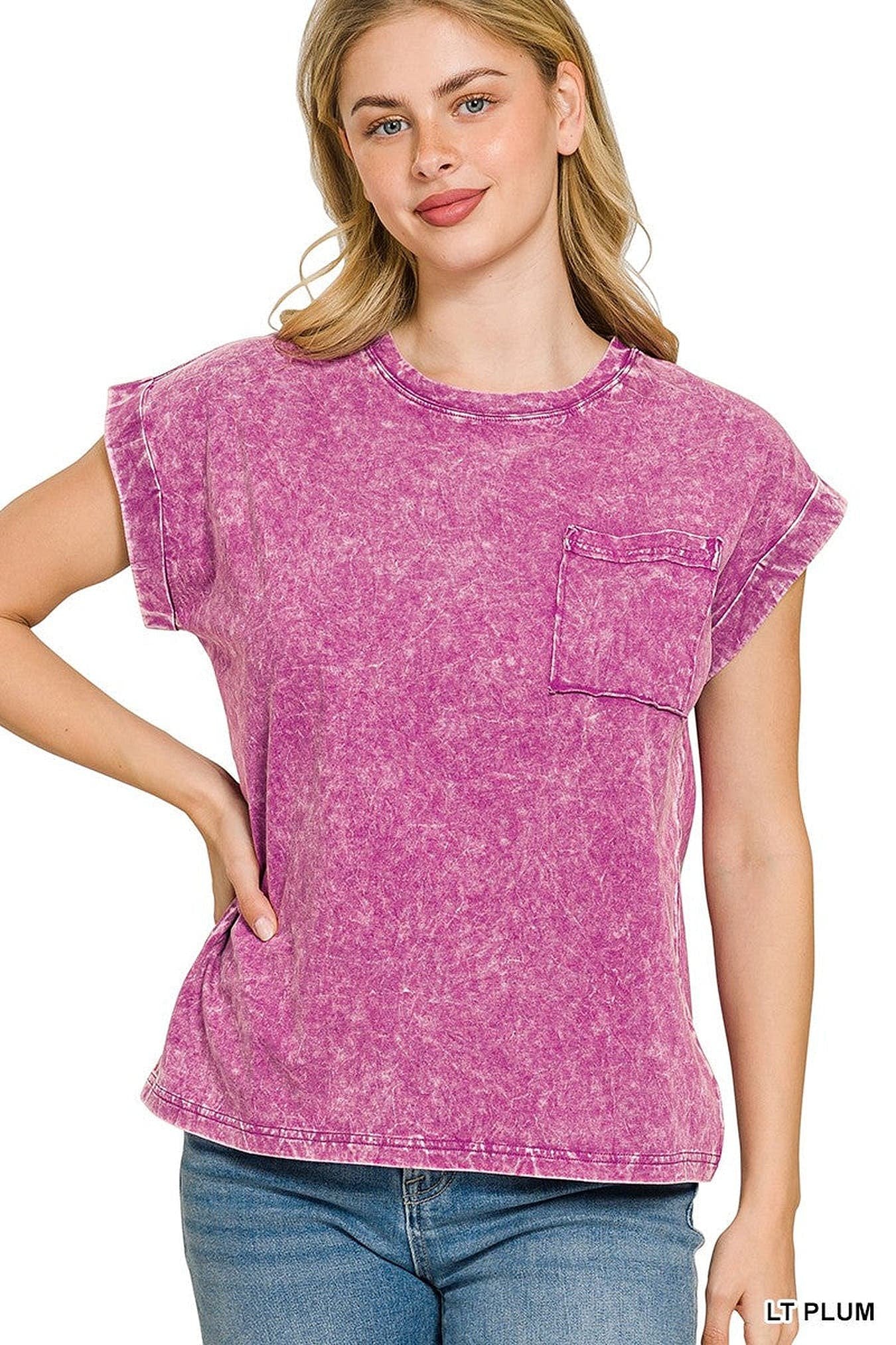 Zenana Full Size Crinkle Washed Round Neck Folded Short Sleeve Tee Plus Size -