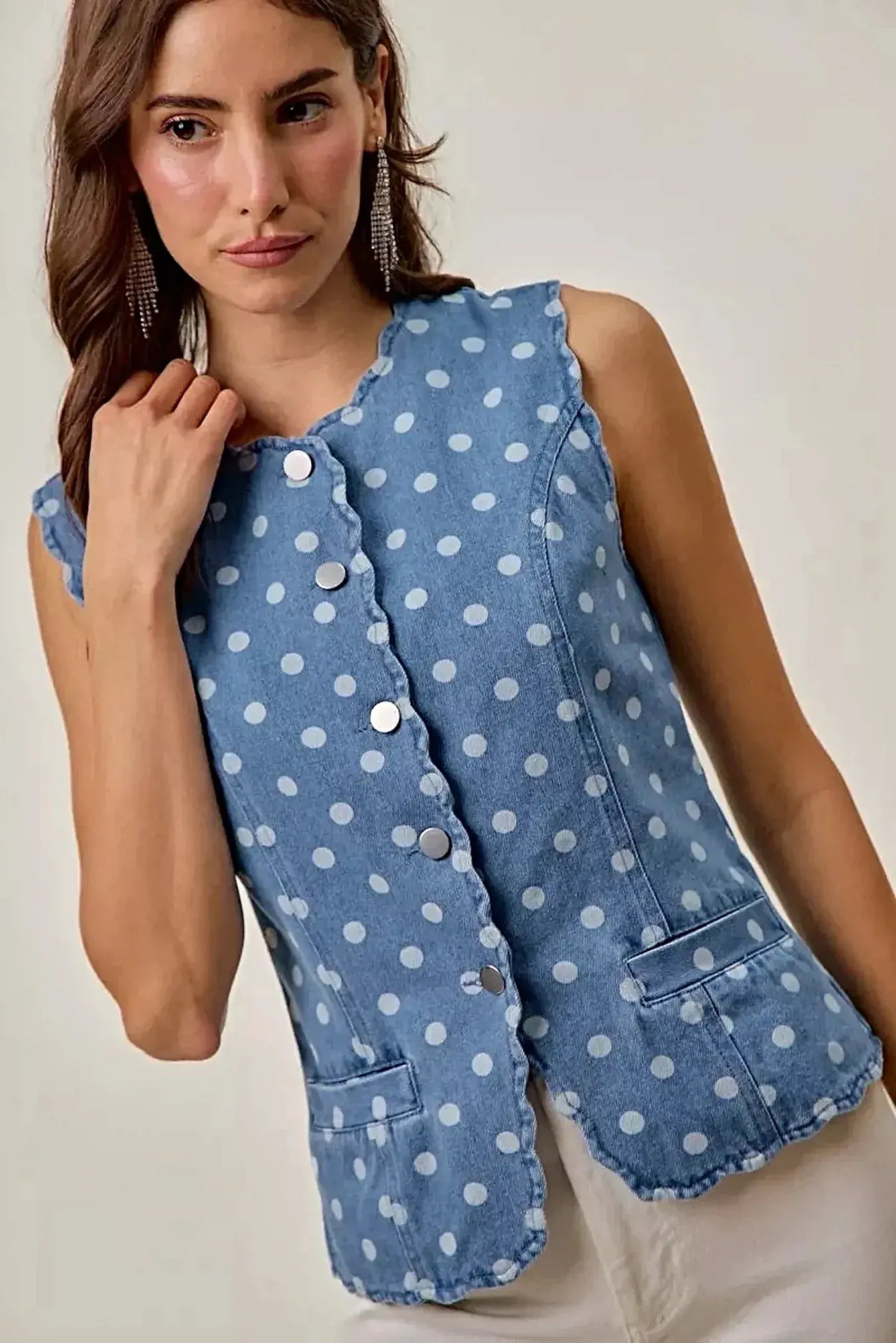 SO ME Polka Dot Denim Scallop Edge Button Down Vest Top -