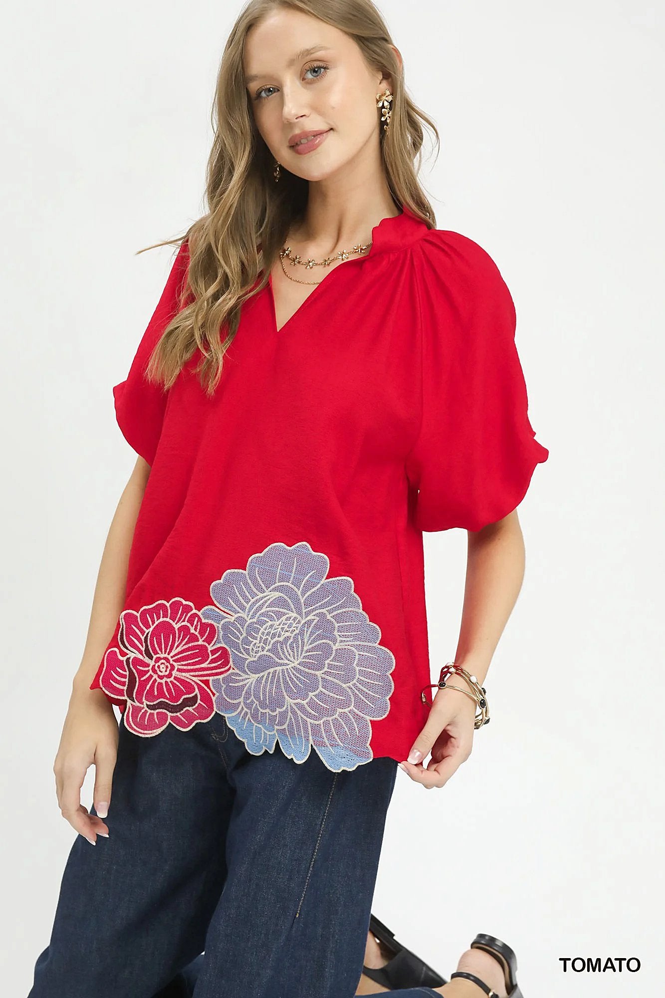 Umgee Floral Embroidered Hem Blouse -