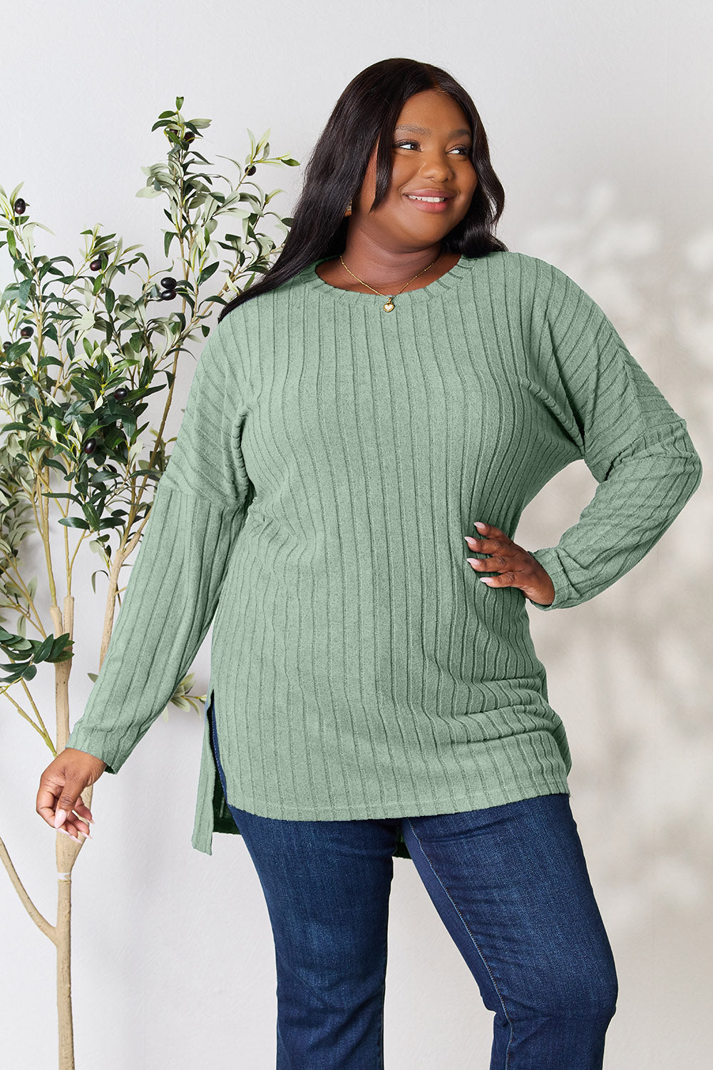 Chic Ribbed Long Sleeve Top with Slit - Basic Bae Full Size Round Neck Design for Effortless Style Trendsi