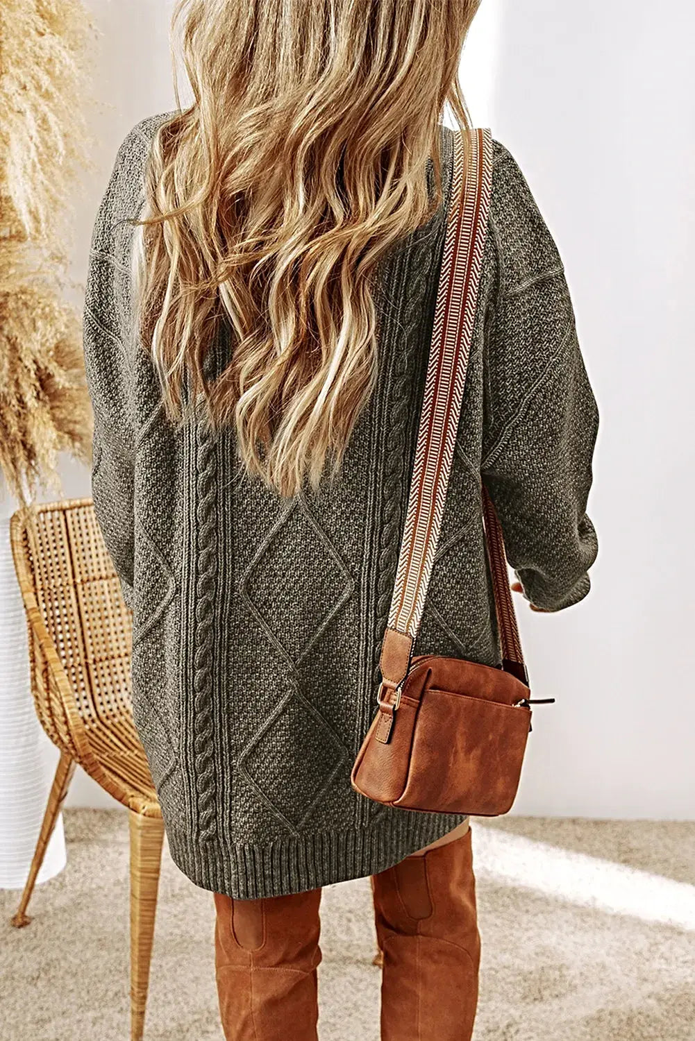 Cable-Knit Round Neck Sweater Dress -