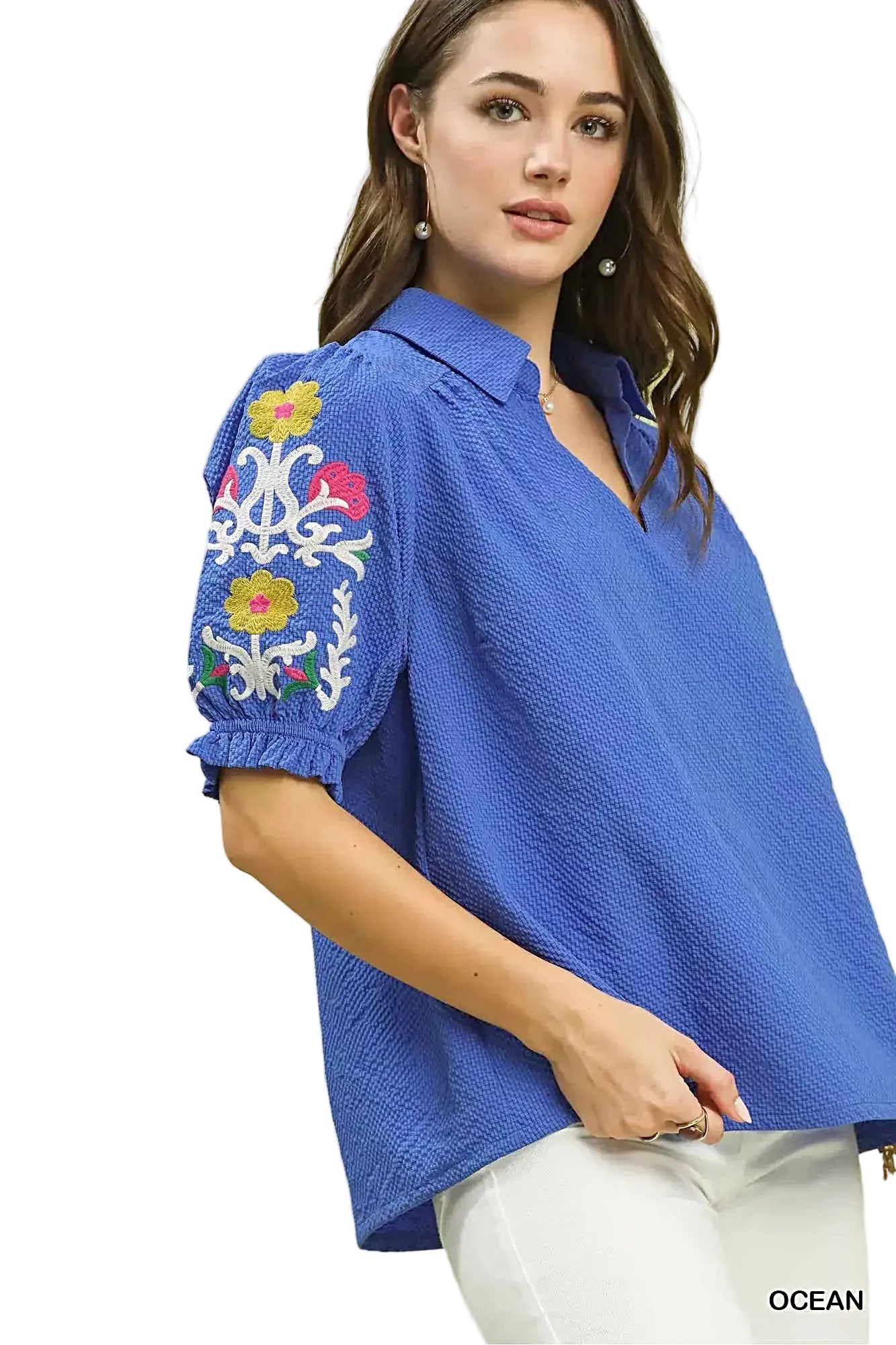 Umgee Seersucker Embroidered Sleeve Blouse -
