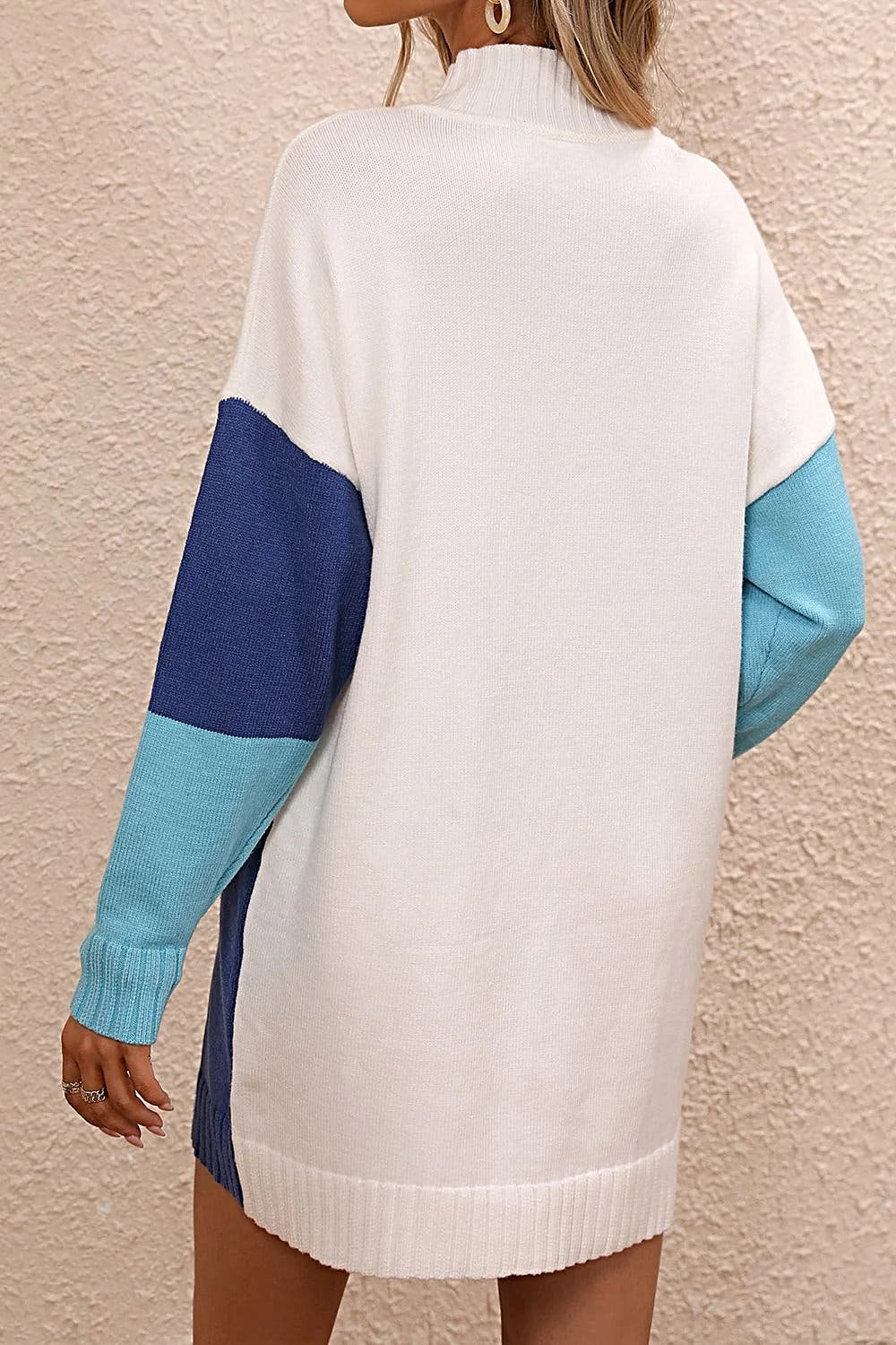 Stylish Color Block Sweater Dress with Mock Neck and Dropped Shoulders - Casual Mini Length Trendsi