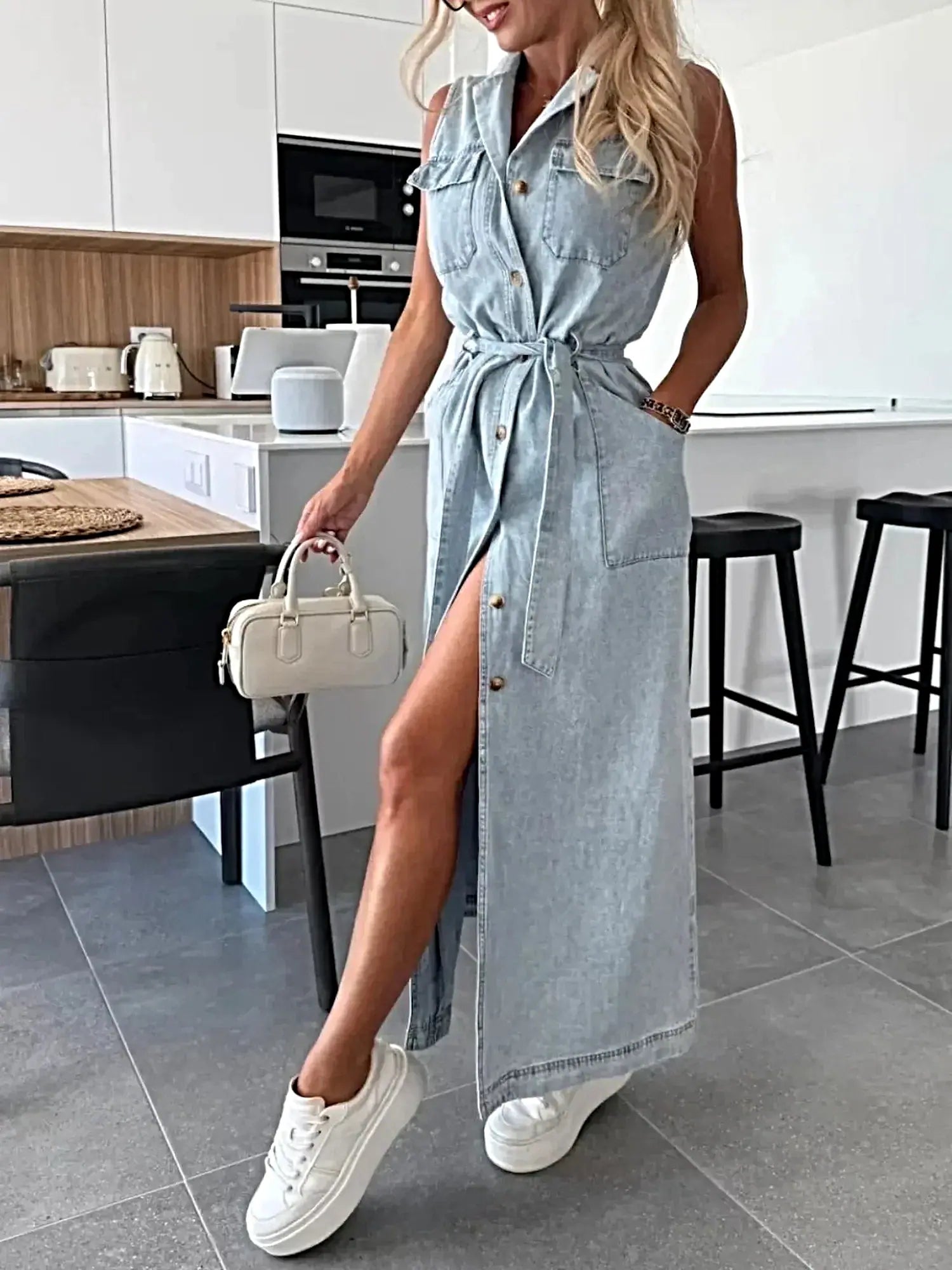 Button Front Sleeveless Denim Dress -