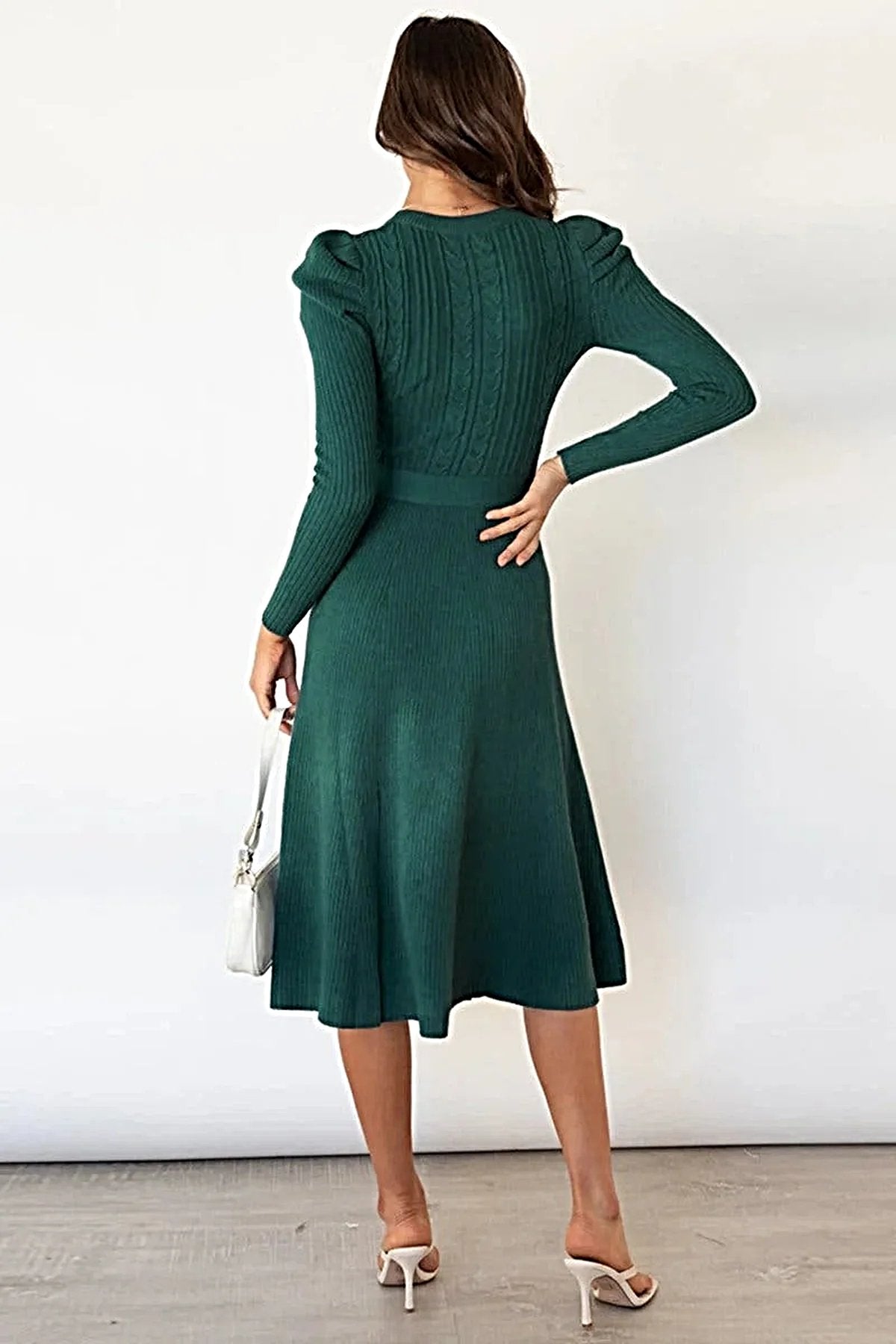 S-2XL • Tie Waist Sweater Dress • Round Neck, Long Sleeves • Stretchy Opaque Fabric -