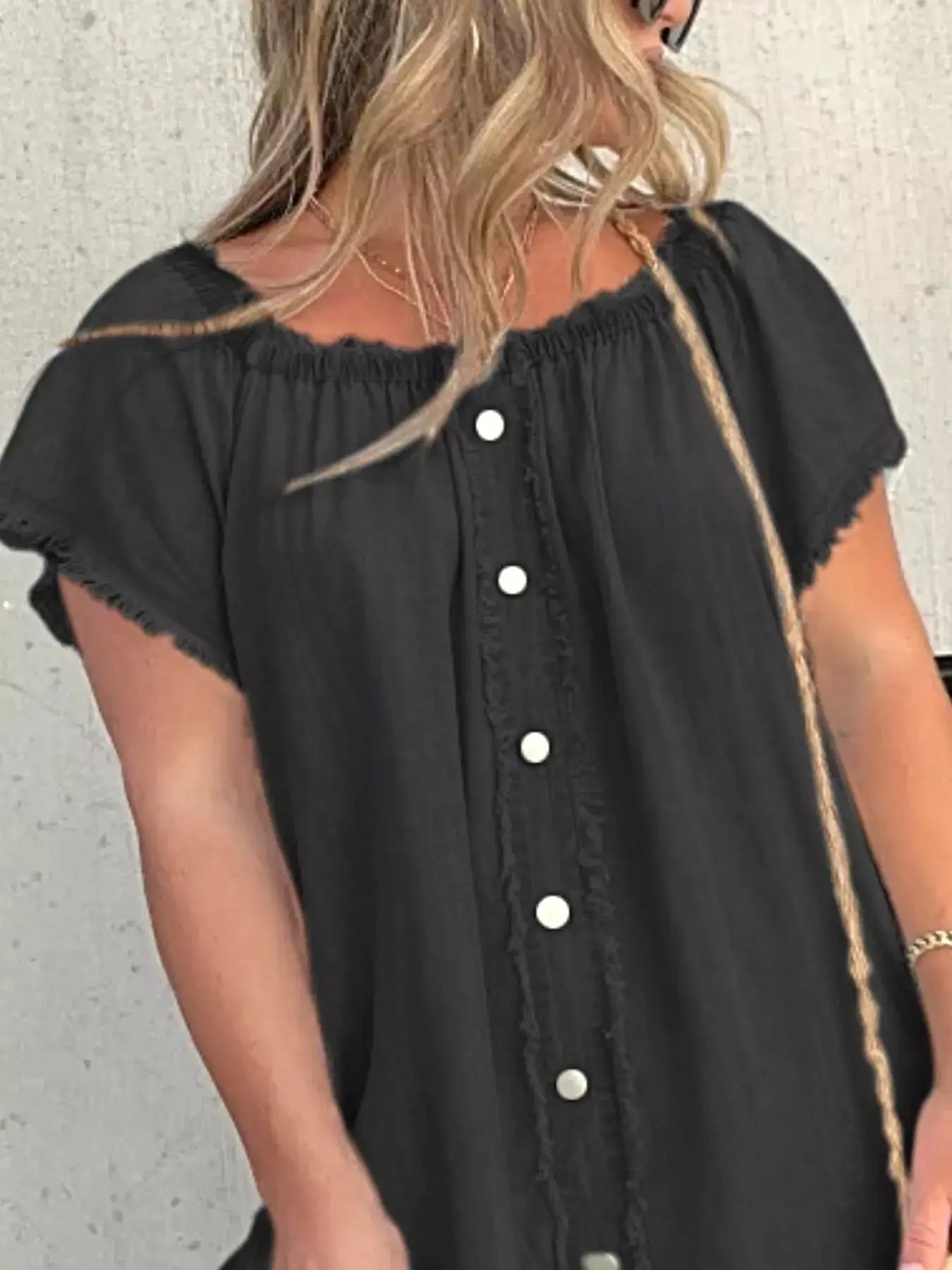 Full Size Off-Shoulder Button-Down Frayed Denim Dress Plus Size -