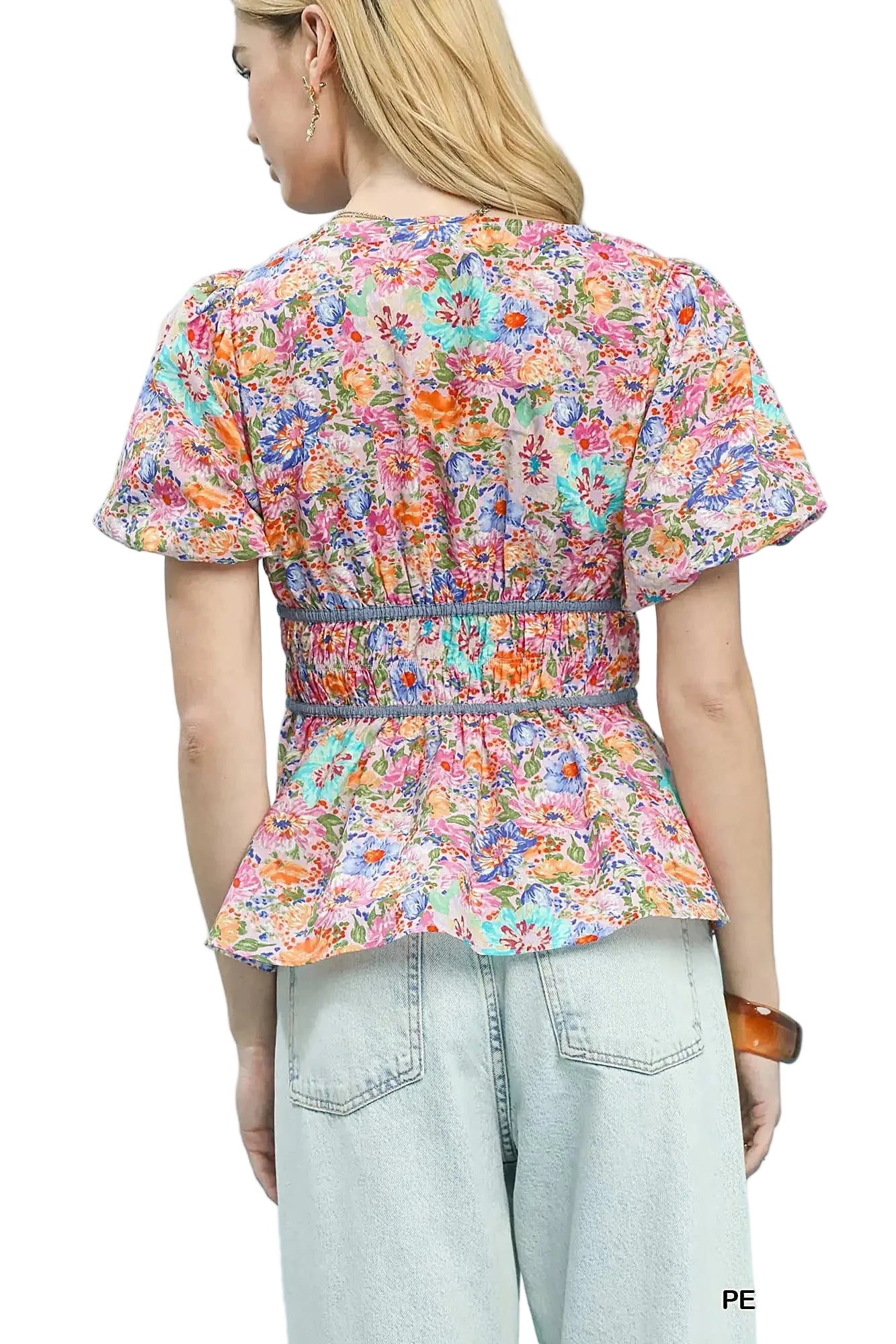 Umgee Mix Floral Smocked Waist Blouse -