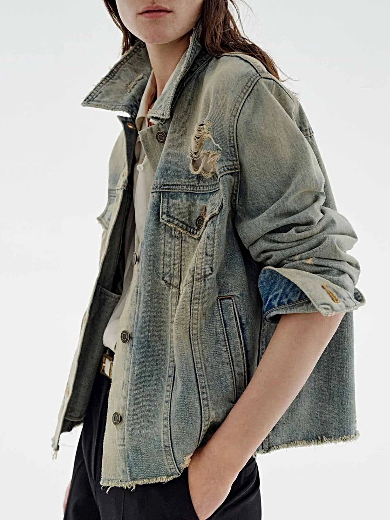 Distressed Wash Button Up Denim Jacket -