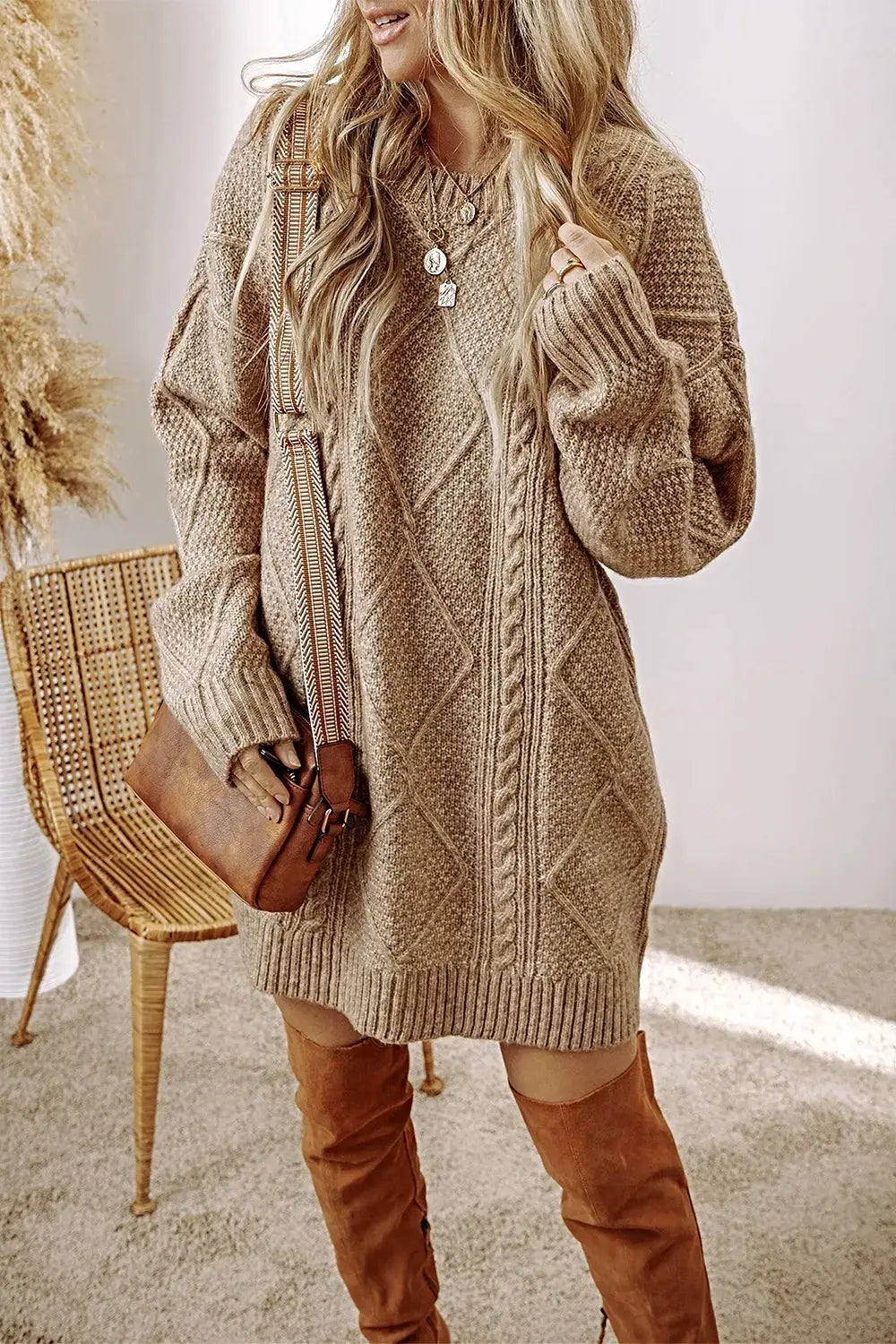 Cable-Knit Round Neck Sweater Dress -