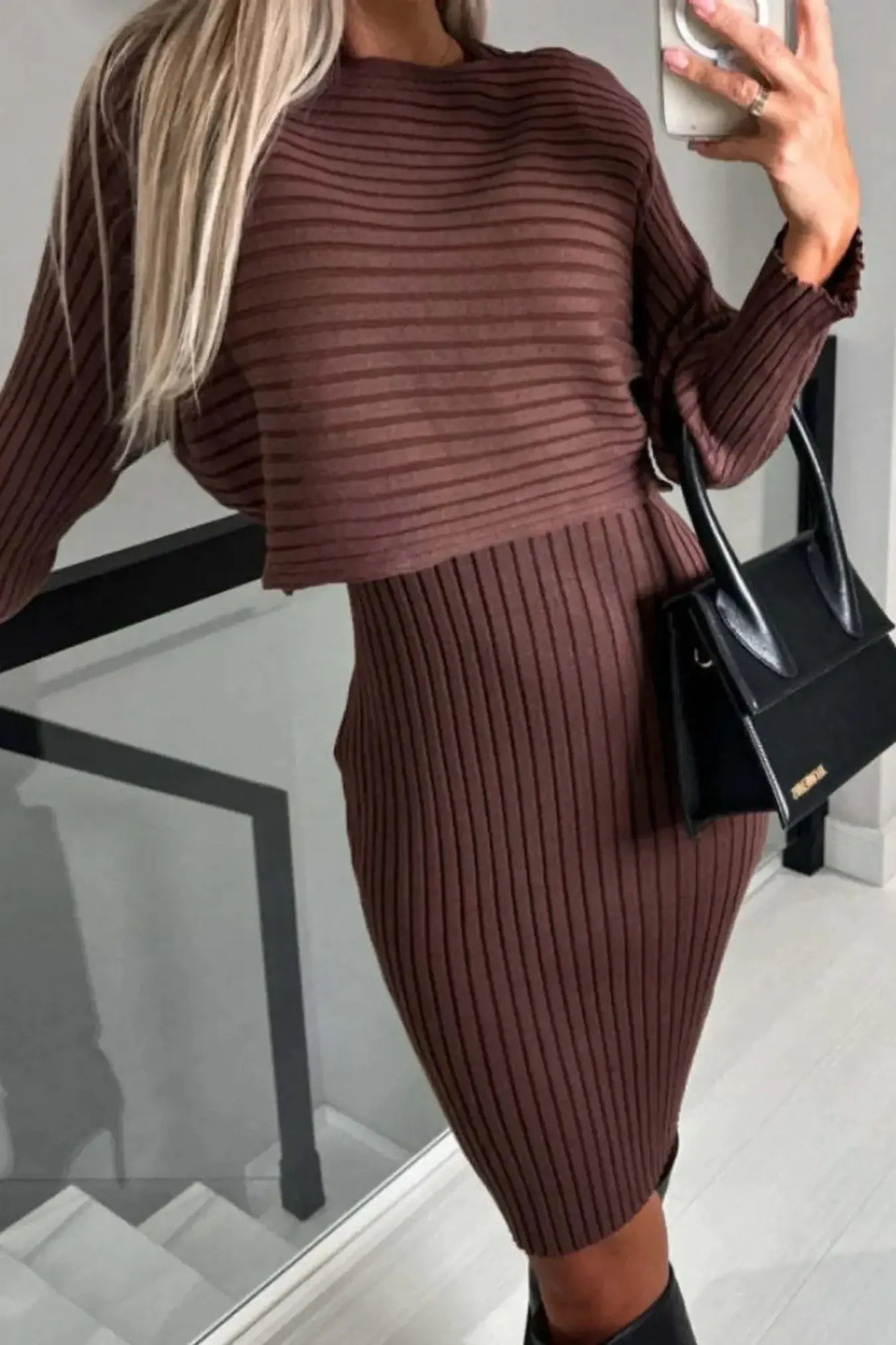 Ribbed Round Neck Top and Cami Dress Sweater Set -