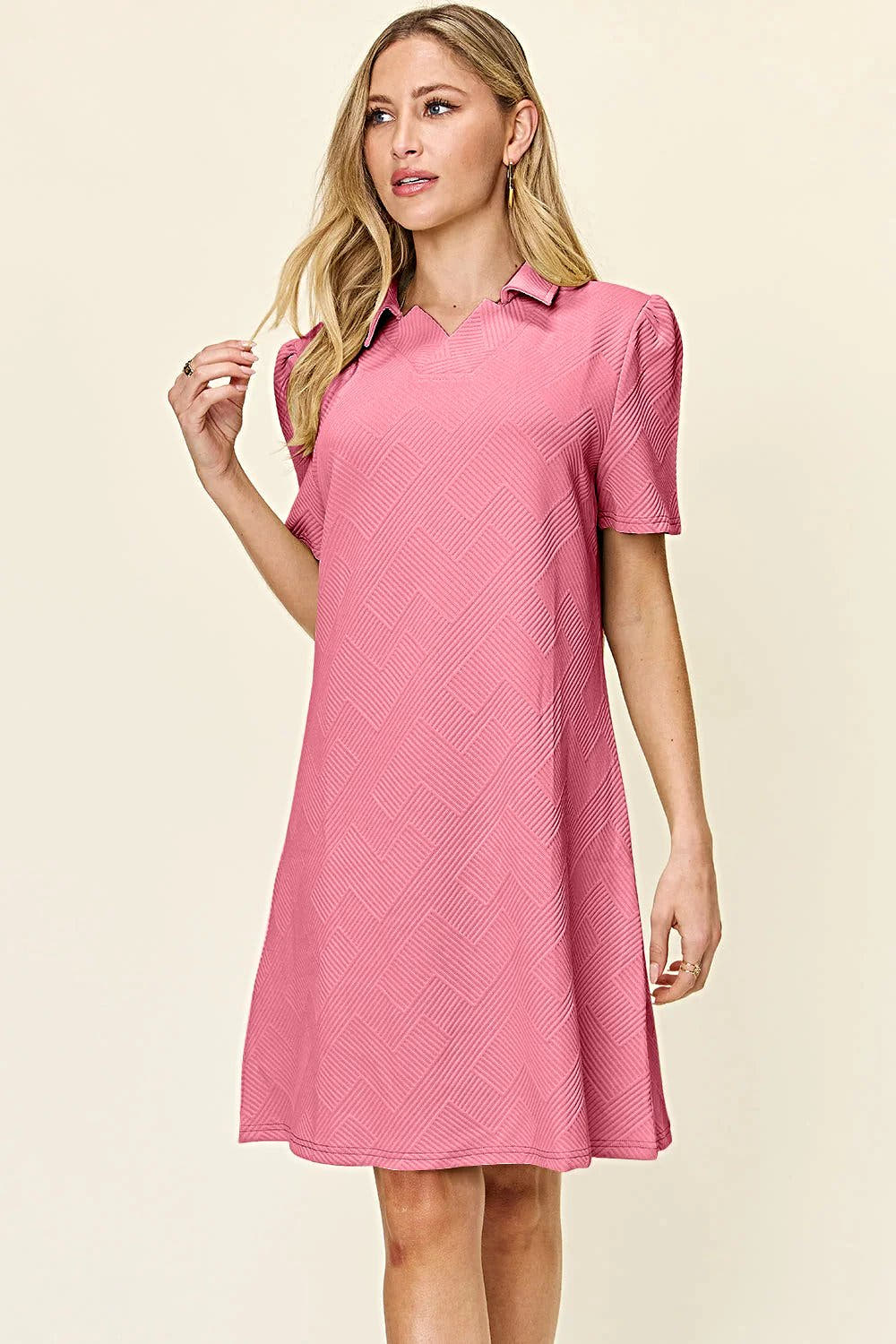Elegant Double Take Short Sleeve Collar Dress - Textured Opaque Design, Slightly Stretchy, Machine Washable Trendsi