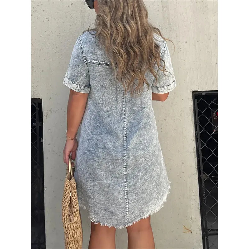 Full Size Raw Hem Short Sleeve Denim Dress Plus Size -