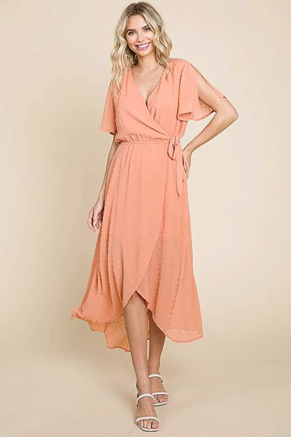 Culture Code Full Size Swiss Dot Tied Slit Short Sleeve Dress -
