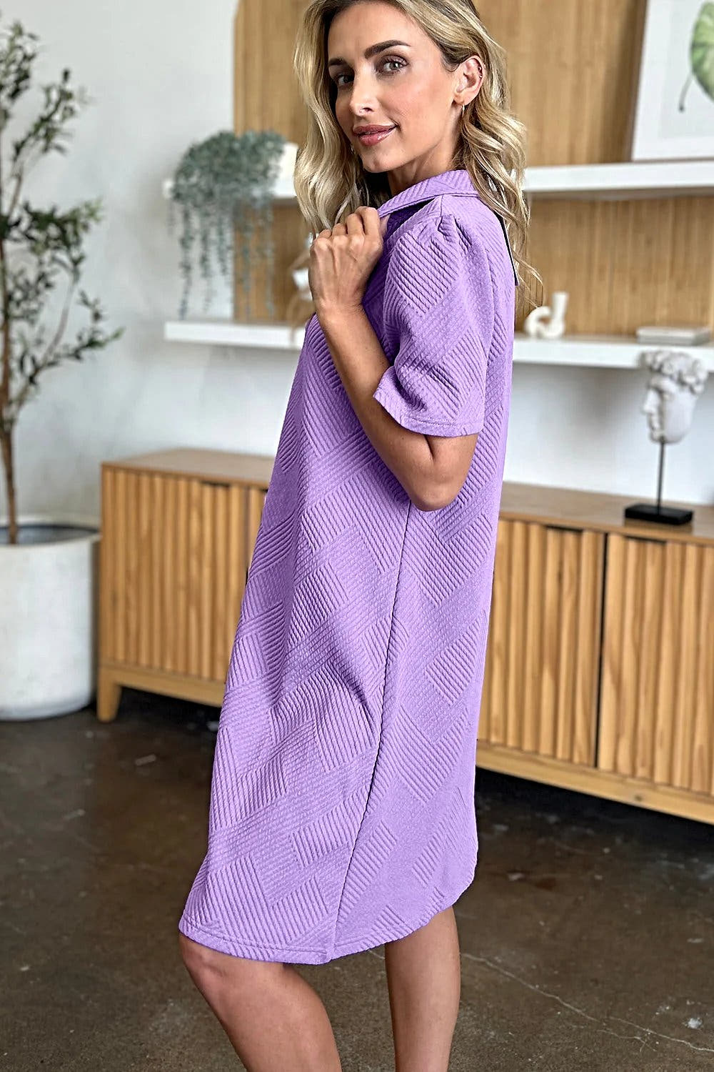 Elegant Double Take Short Sleeve Collar Dress - Textured Opaque Design, Slightly Stretchy, Machine Washable Trendsi