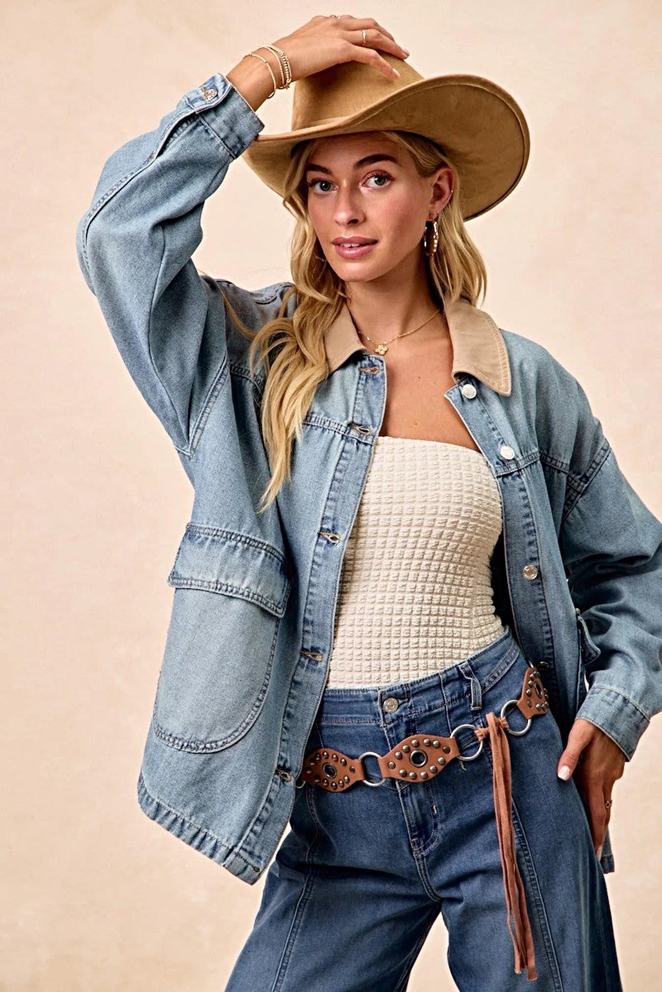 BiBi Washed Denim Jacket with Contrast Collar Detail -