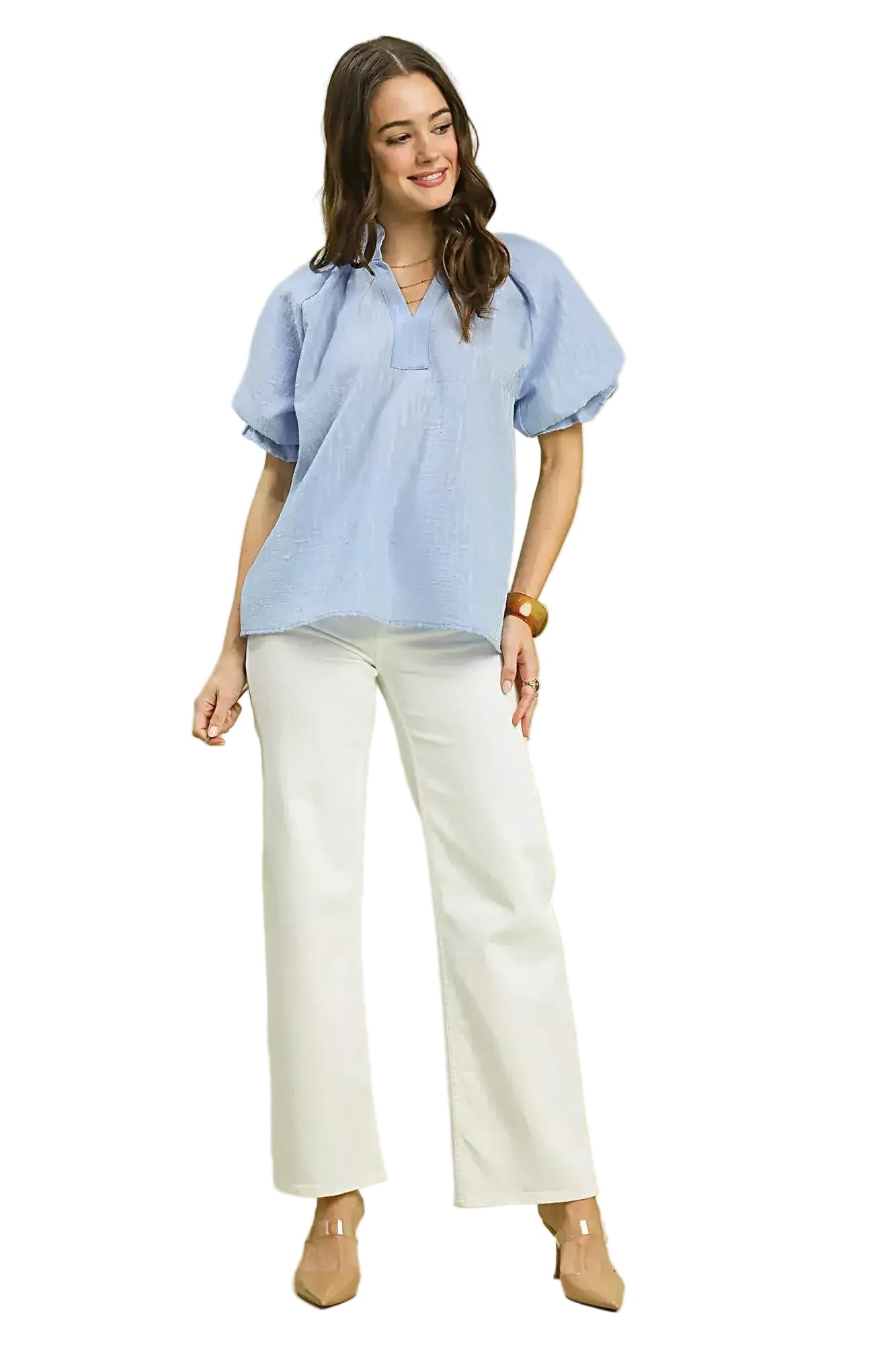 Umgee Textured Puff Sleeve Split Neck Top -