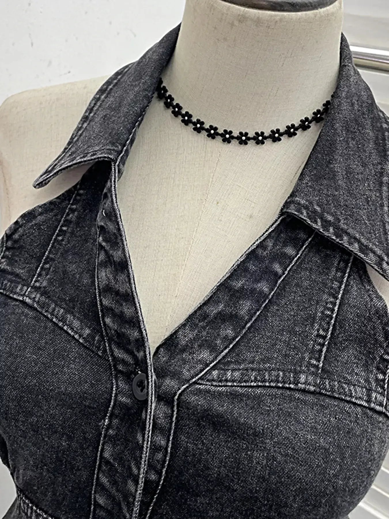 Smocked Denim Halter Collar Top -