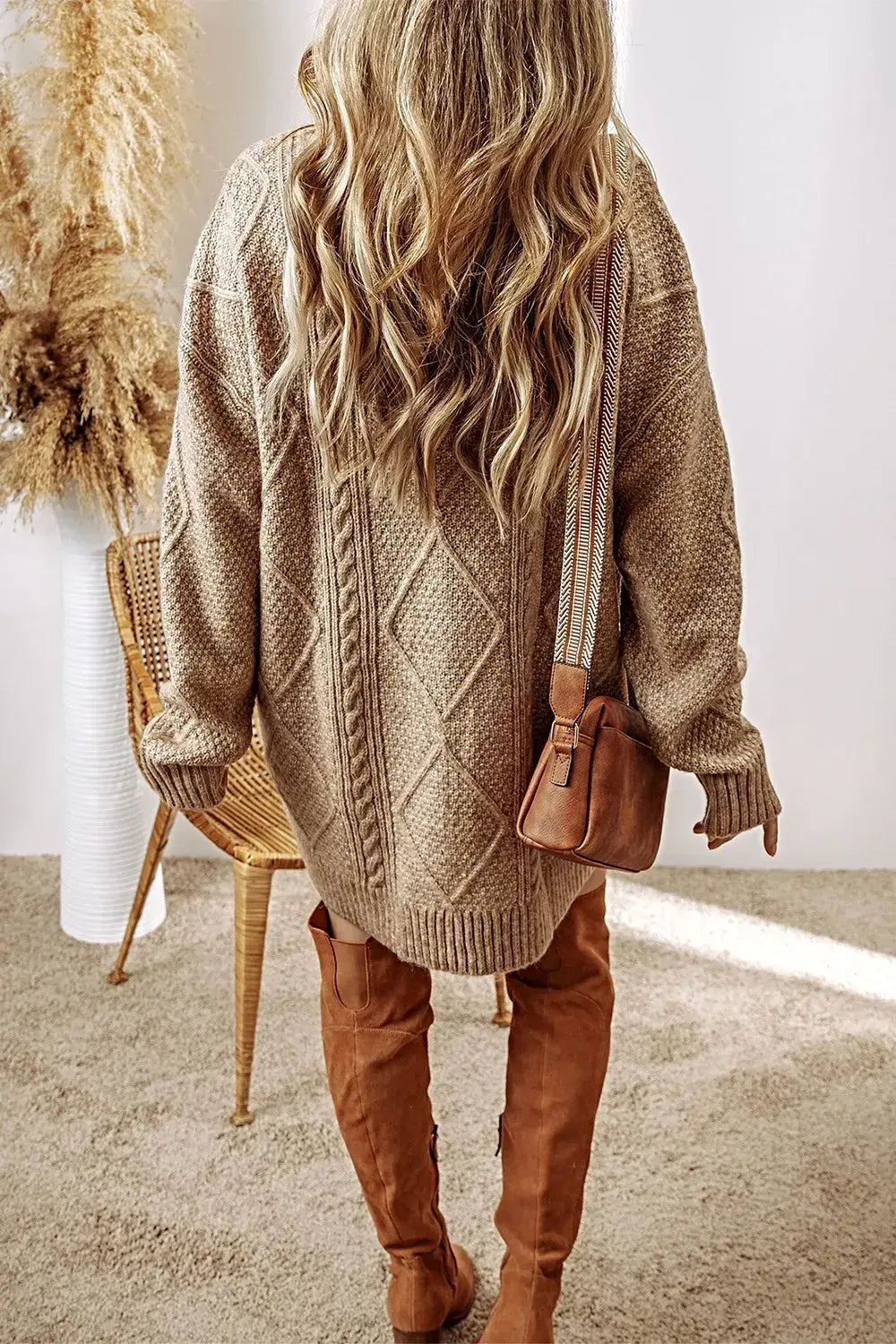 Cable-Knit Round Neck Sweater Dress -