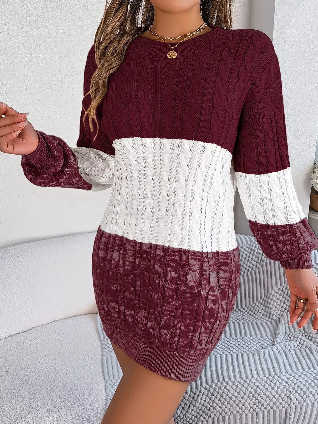 Color Block Cable Knit Sweater Dress with Textured Pattern -