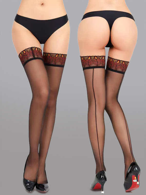 Sexy Peacock Lace Trim Thigh High Stockings - Stockings