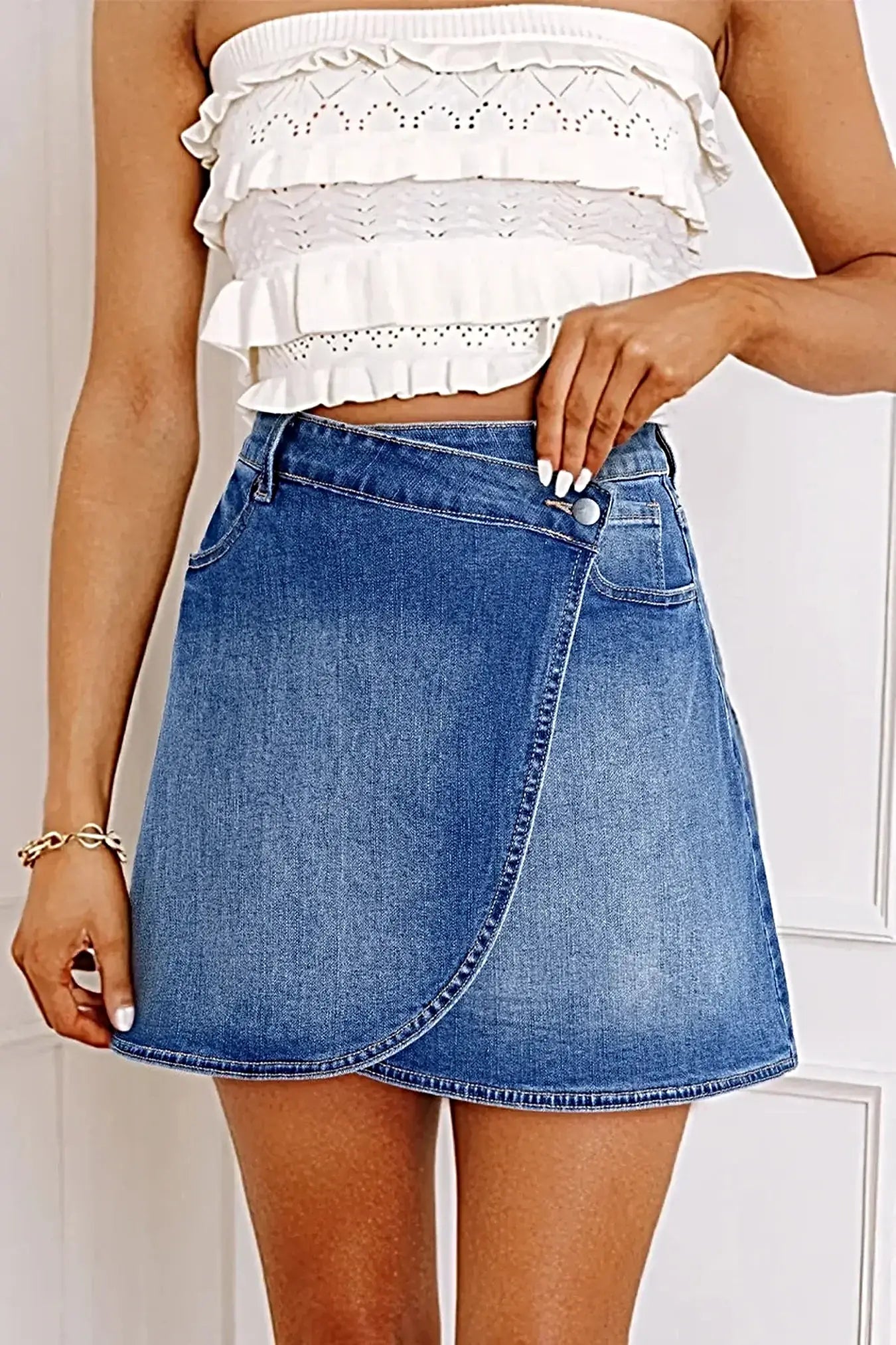 Wrapped Crossed Waist Denim Mini Skirt -