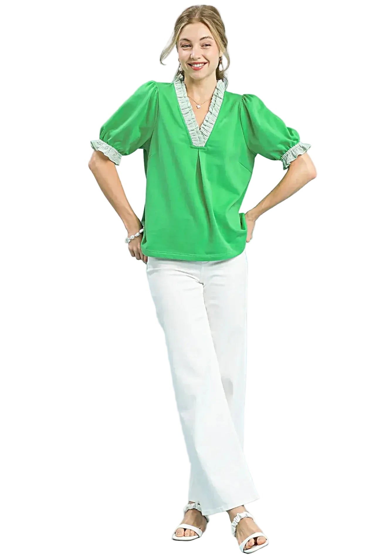 Umgee French Terry Ruffle Trim Puff Sleeve Top -