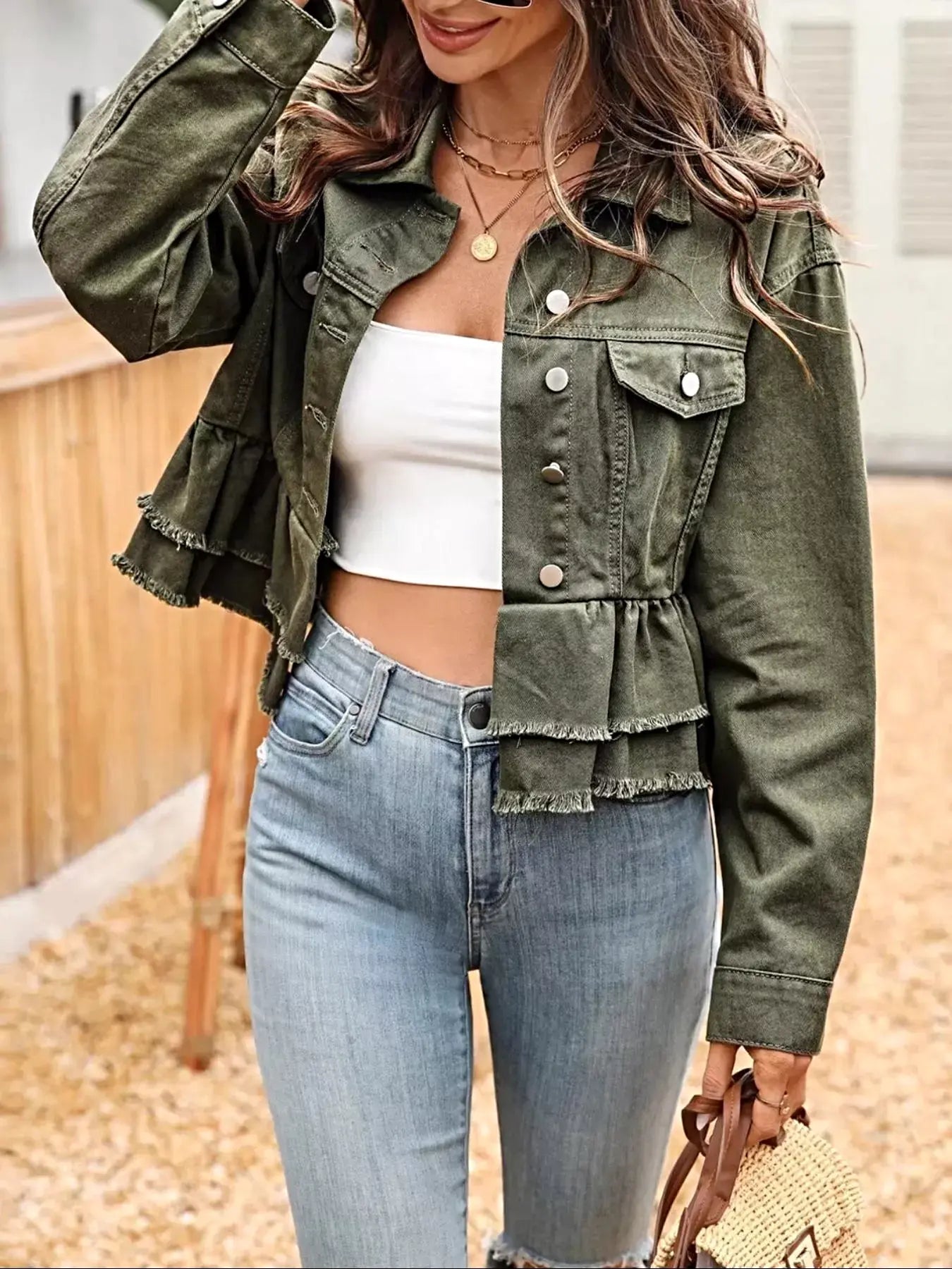 Ruffle Raw Hem Denim Jacket -