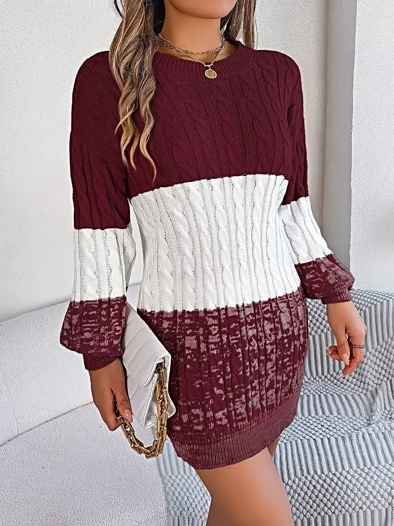 Color Block Cable Knit Sweater Dress with Textured Pattern -
