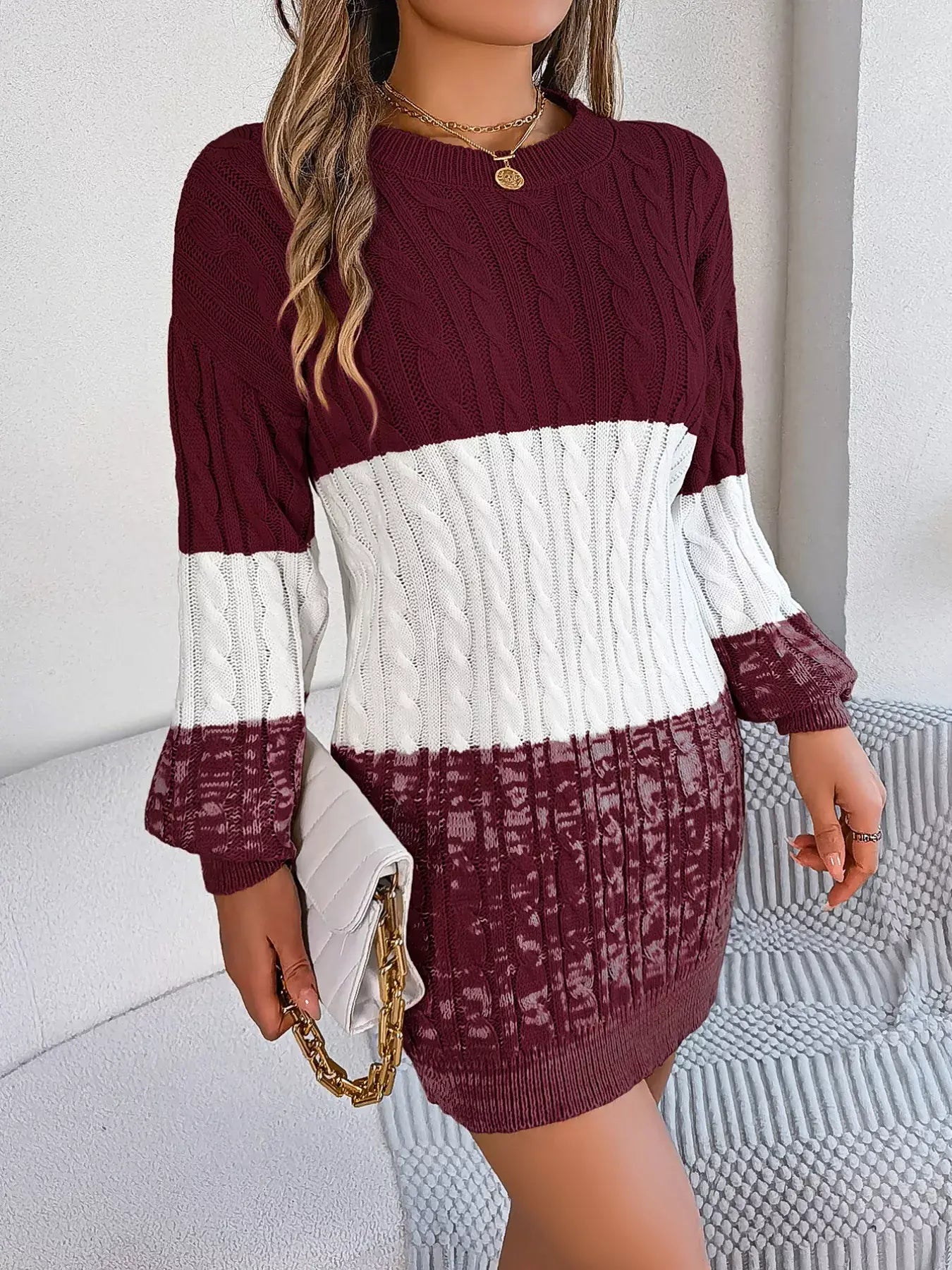 Color Block Cable Knit Sweater Dress with Textured Pattern -