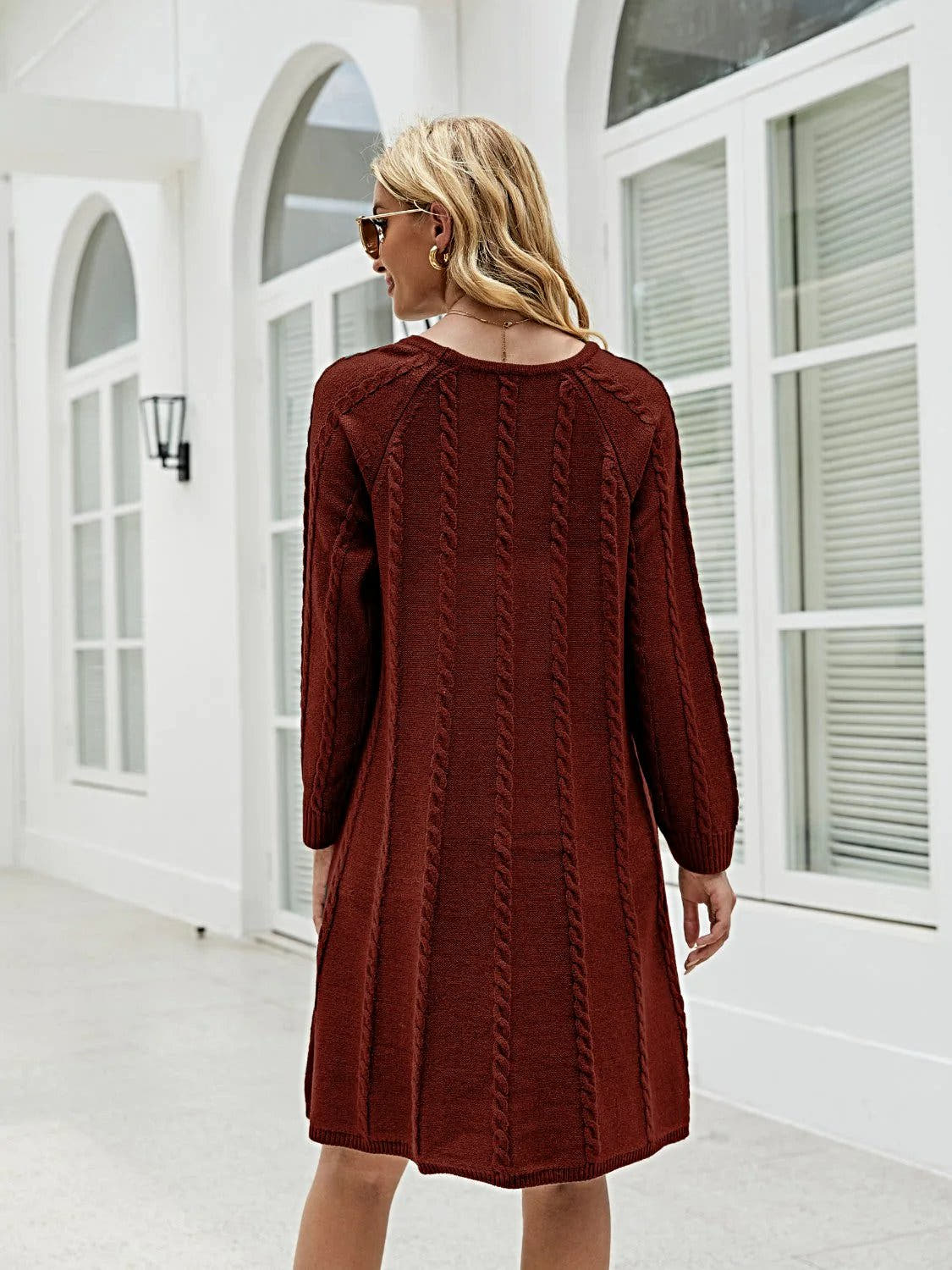Cable Knit Sweater Dress for Women - Soft Acrylic, Slightly Stretchy, Long Sleeve - Trendy Style Trendsi