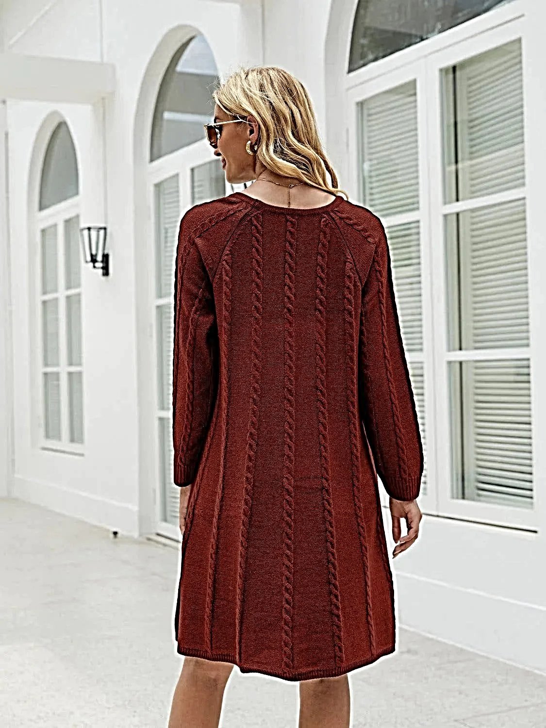 Cable Knit Sweater Dress for Women - Soft Acrylic, Slightly Stretchy, Long Sleeve - Trendy Style -