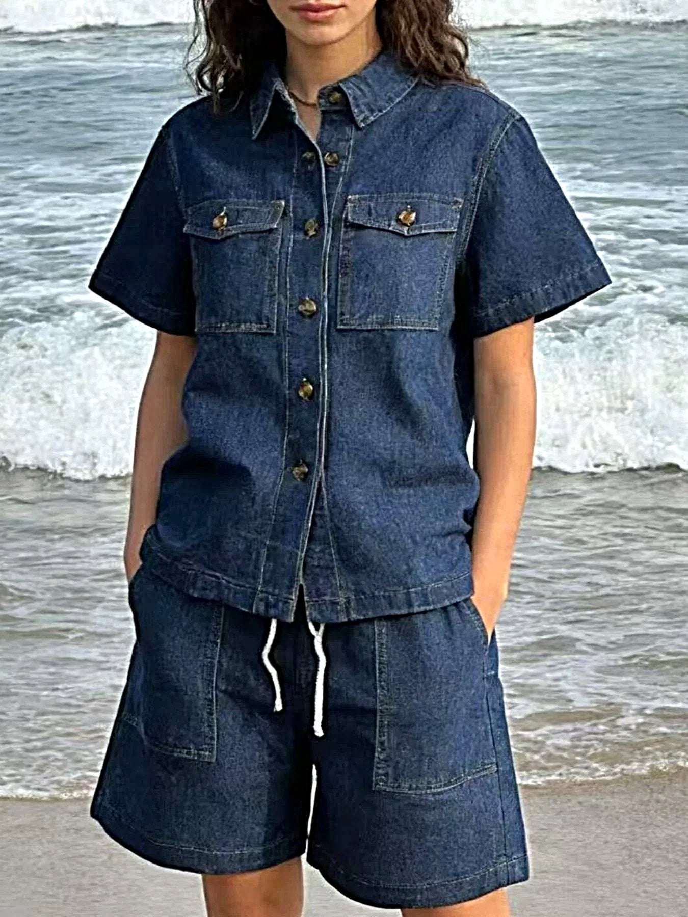Button Up Short Sleeve Top and Shorts Denim Set -