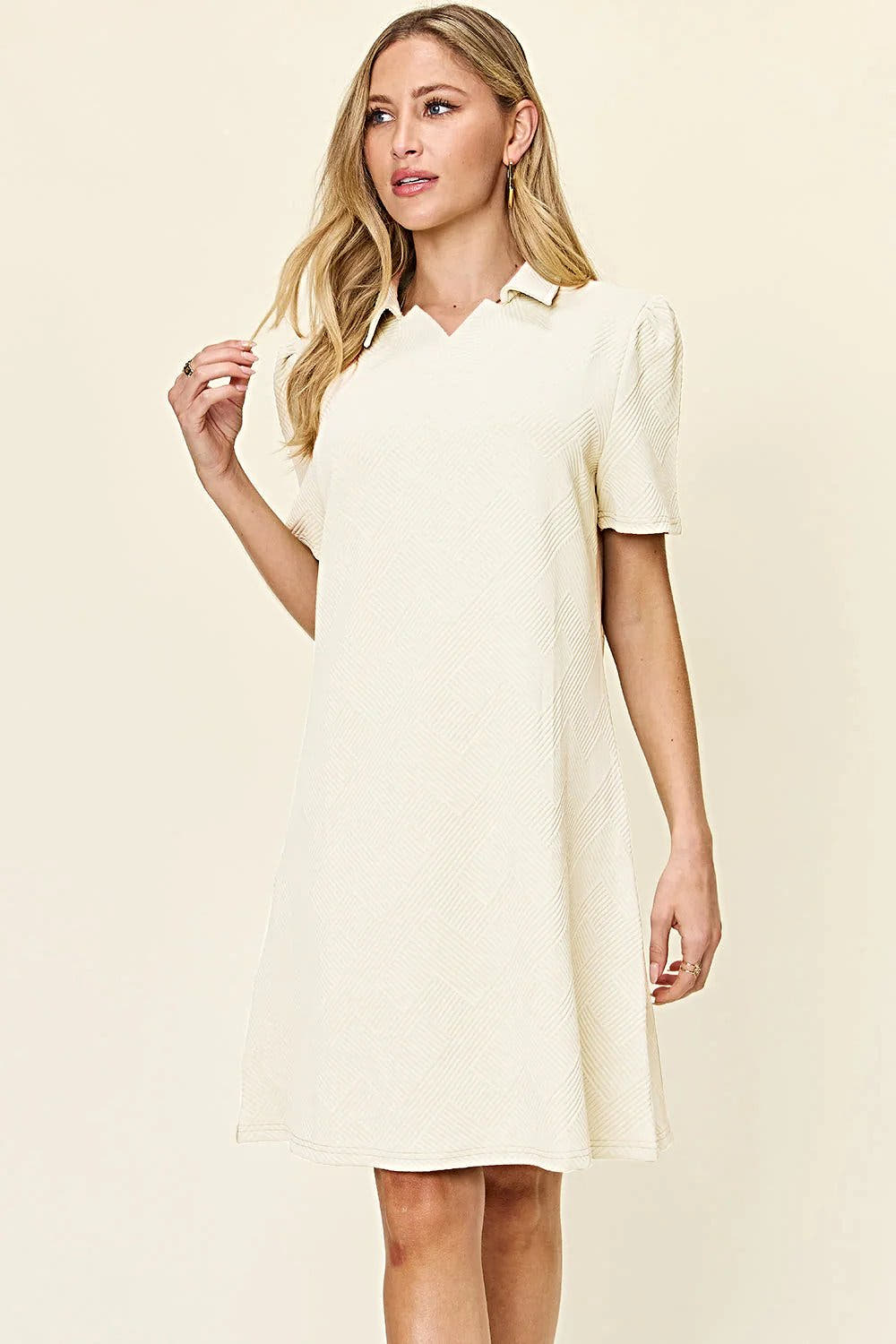 Elegant Double Take Short Sleeve Collar Dress - Textured Opaque Design, Slightly Stretchy, Machine Washable Trendsi