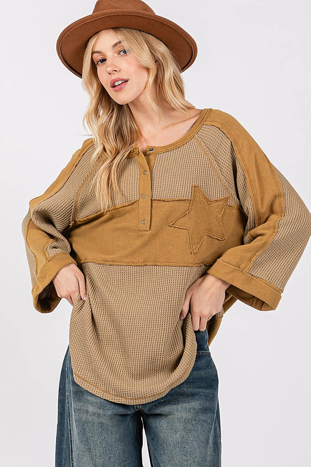 SAGE + FIG Waffle Knit Top With Star Applique Patch And Exposed Seams - Chic Casual Design Trendsi