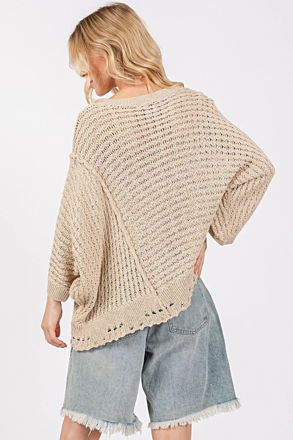 SAGE + FIG Distressed Asymmetrical Open Stitch Sweater -
