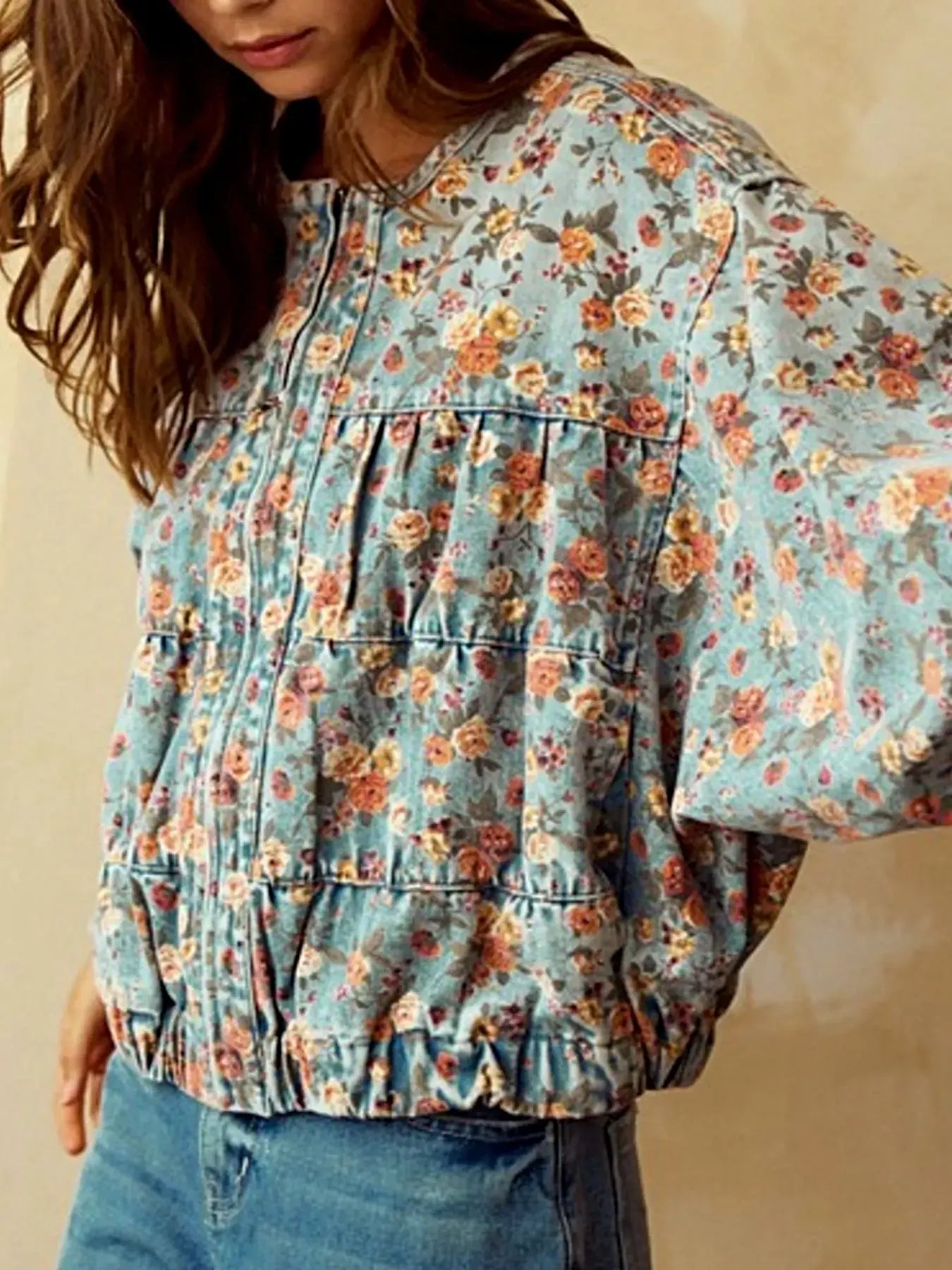 Floral Print Zip Up Cropped Denim Jacket -