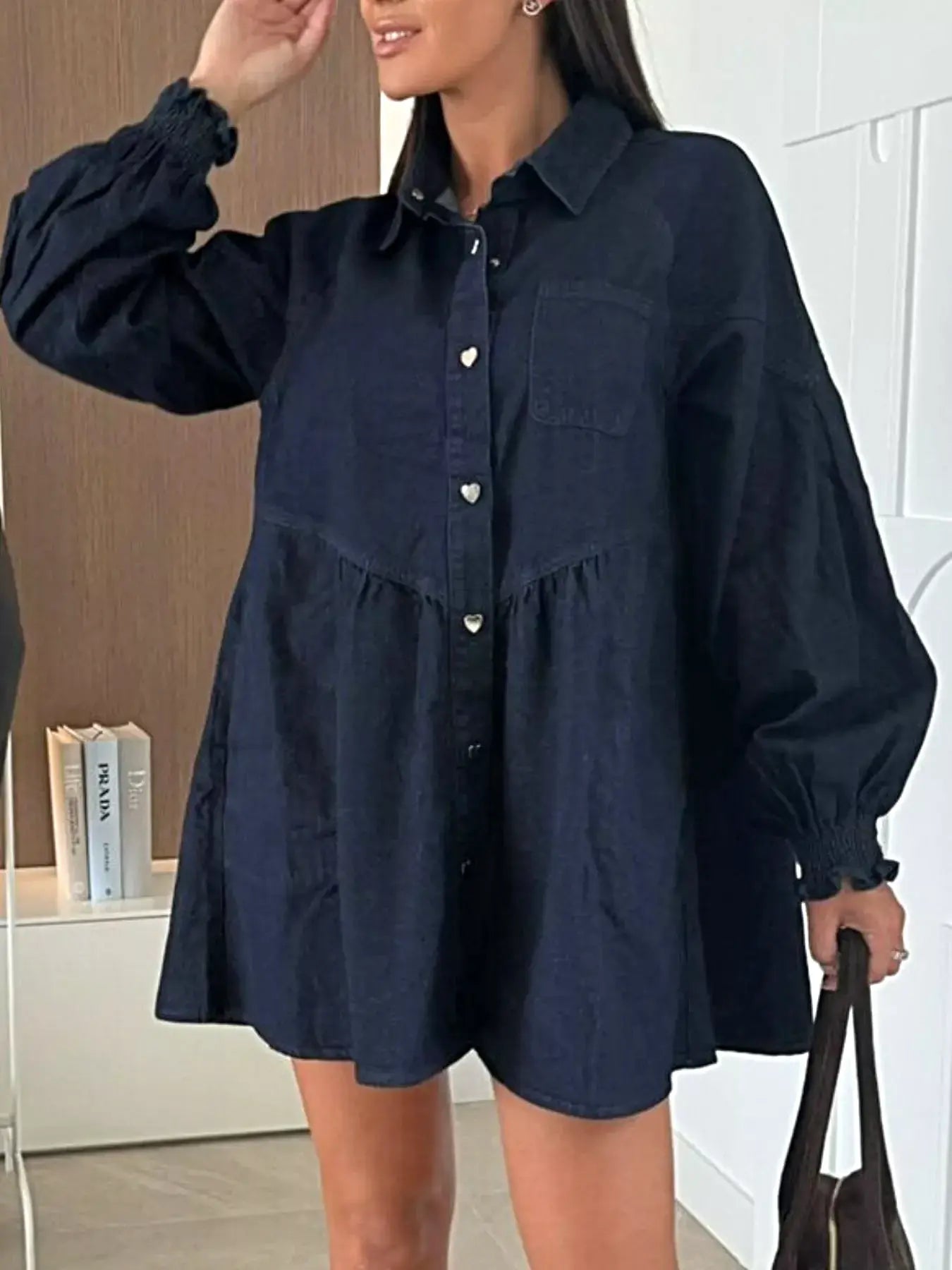 Button Down Mini Denim Dress with Front Pockets -