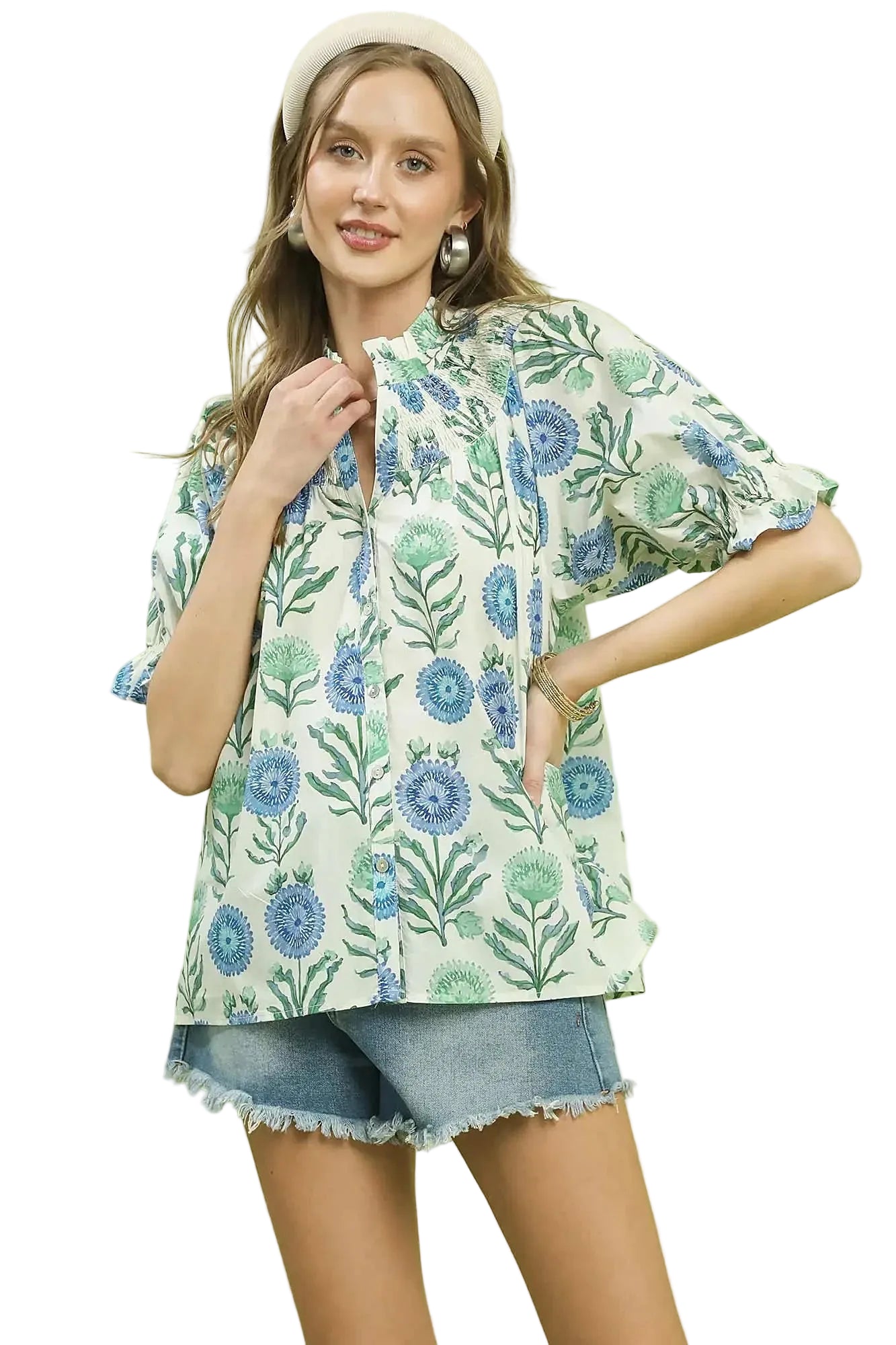 Umgee Floral Button-Front Short Sleeve Top -