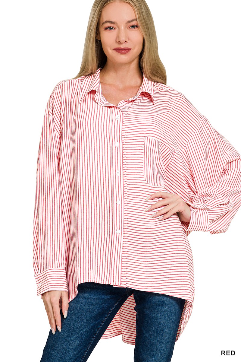 Zenana Woven Stripe Button Down Shirt -