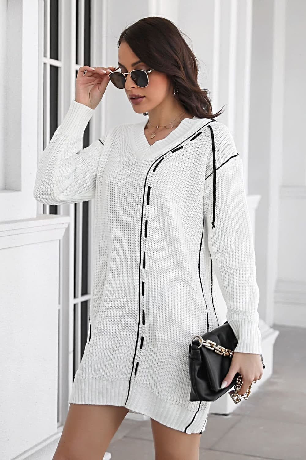 Elegant V-Neck Sweater Dress with Ribbed Long Sleeves - Casual Mini Length in 100% Acrylic Trendsi