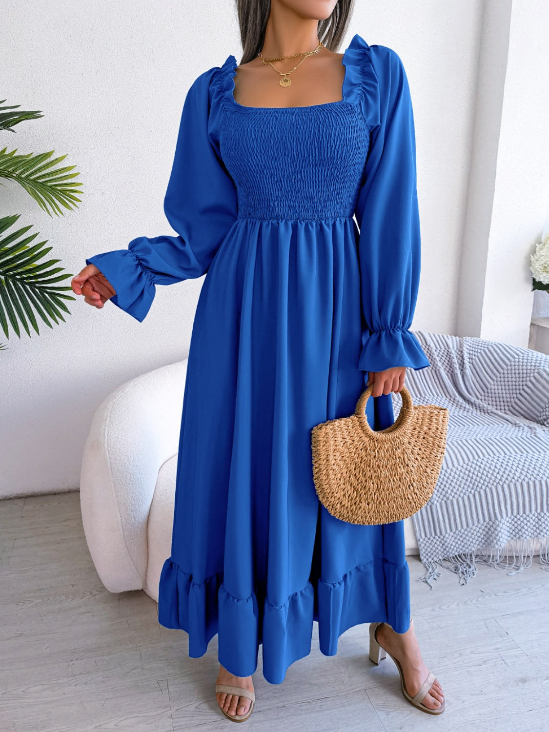 Smocked Square Neck Flounce Sleeve Dress -