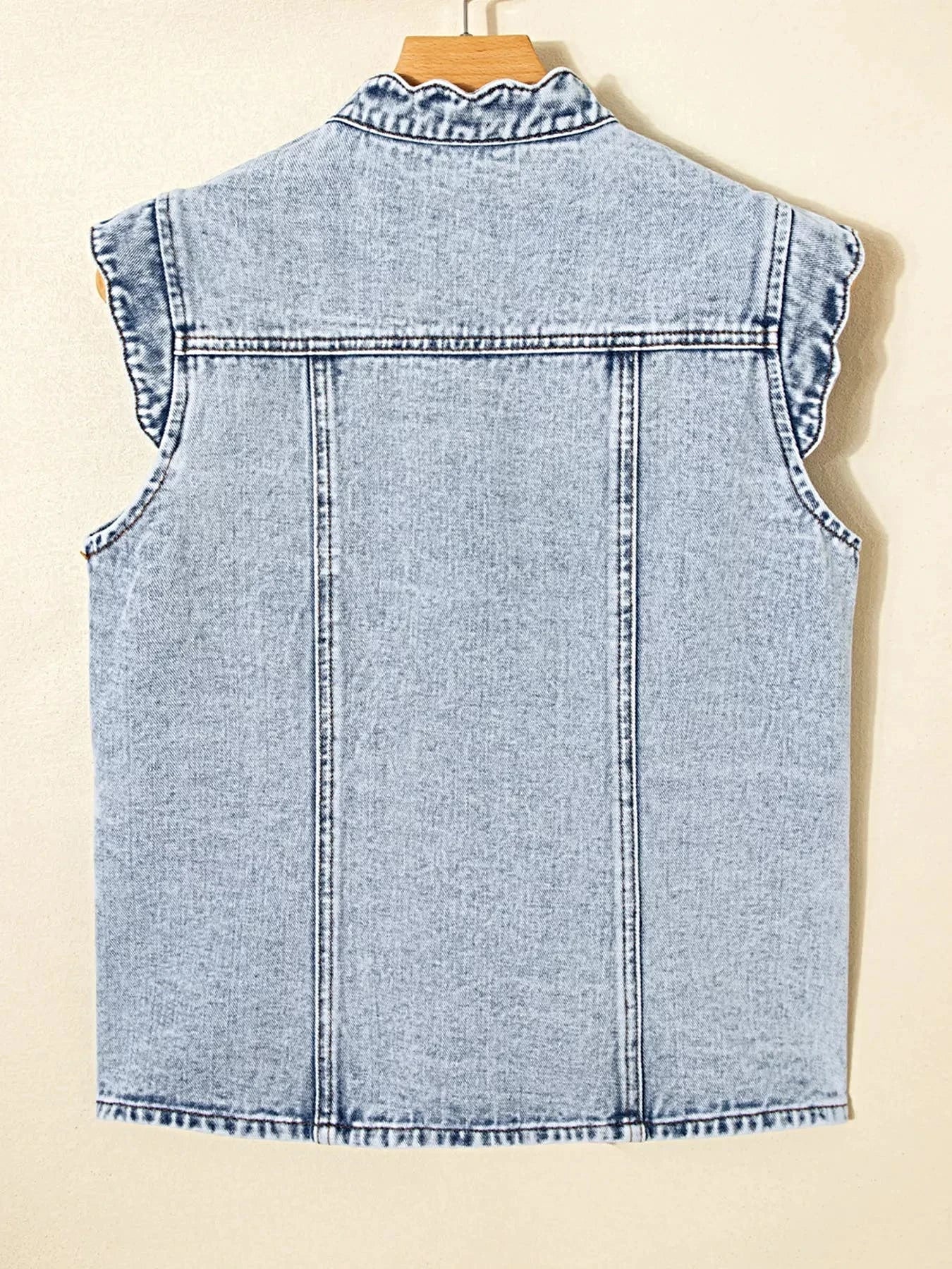 Scalloped Trim Patch Pocket Button Front Denim Vest -