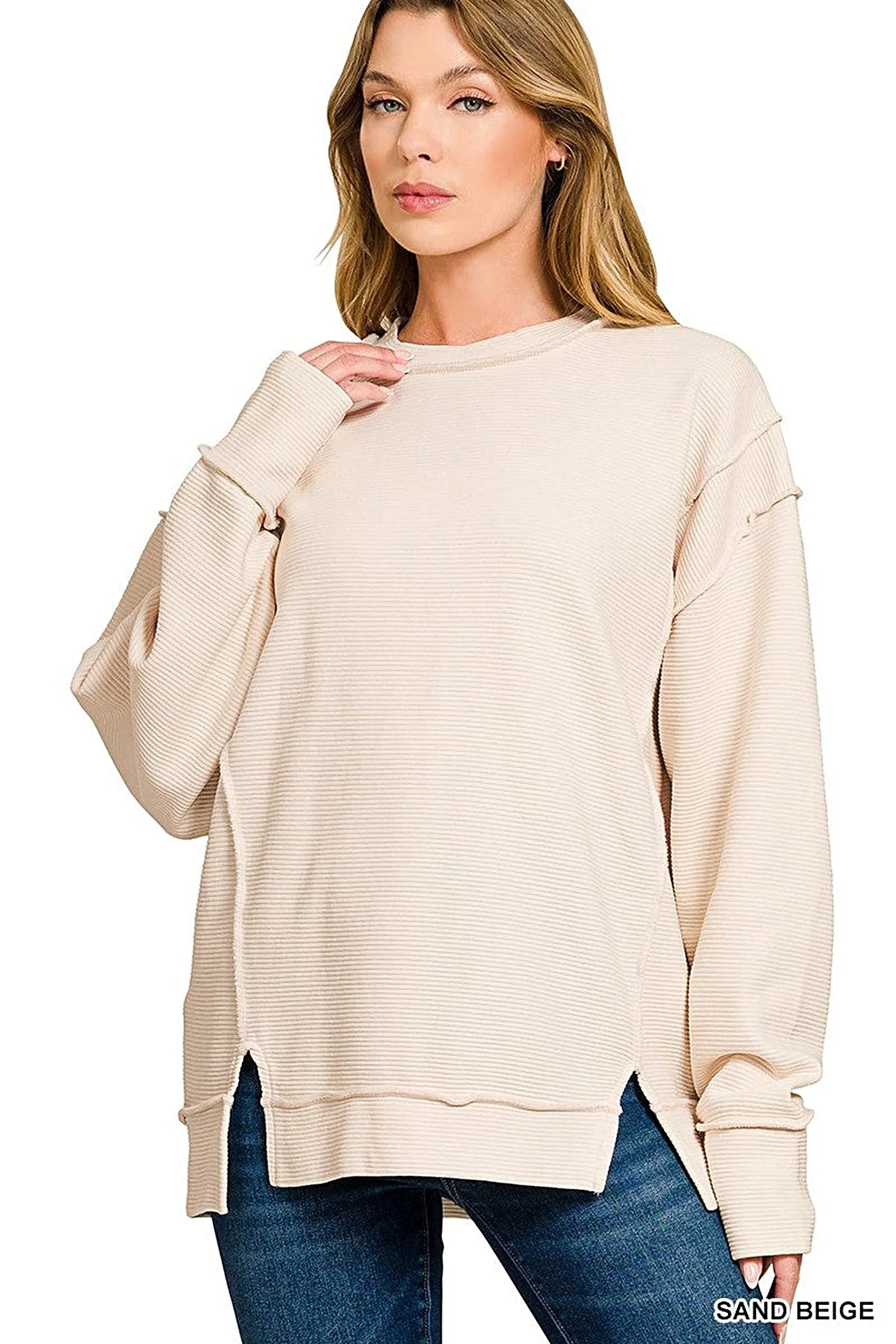 Zenana Acid Washed Double Ribbed Exposed-Seam Sweatshirt -